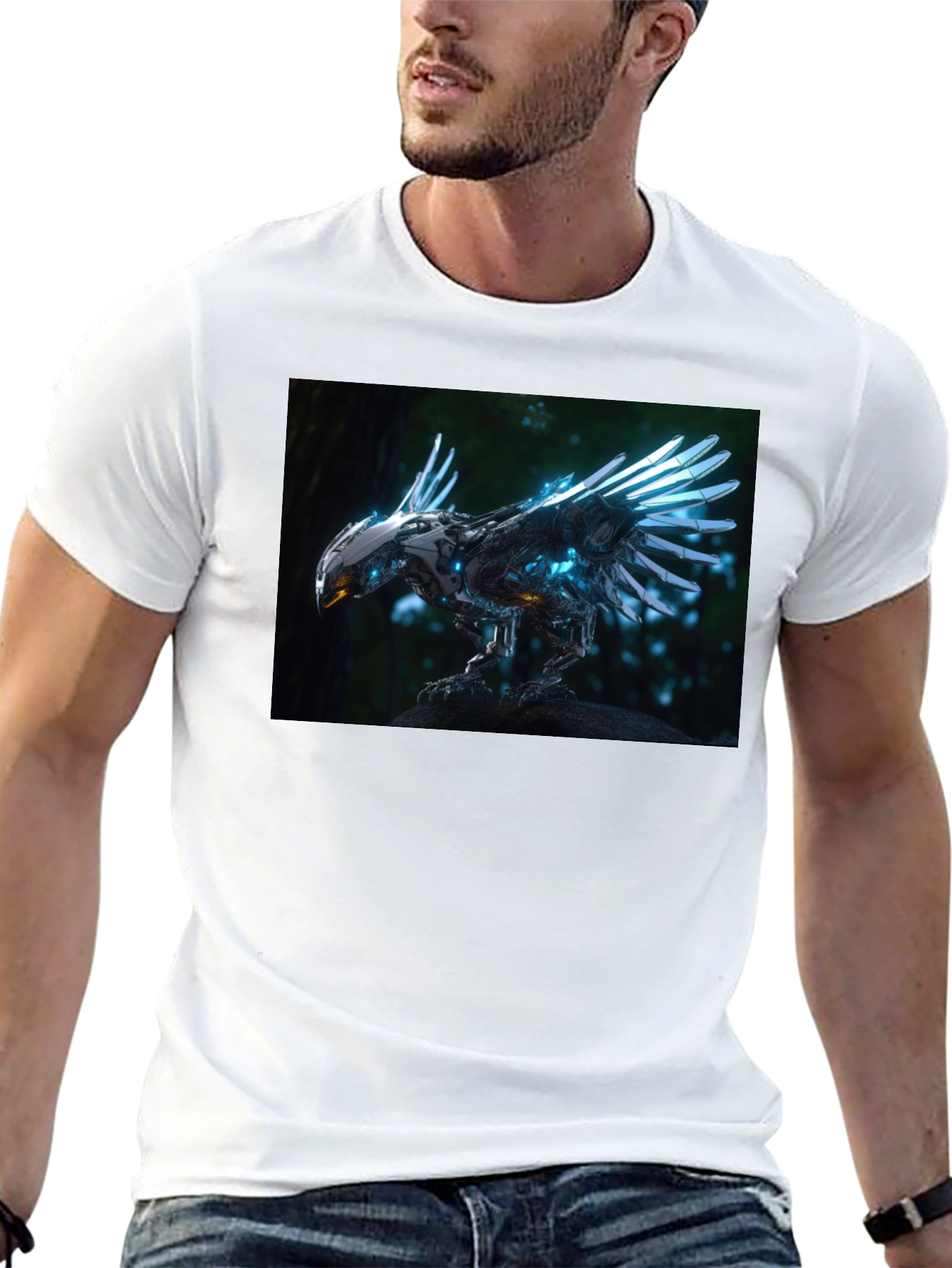 Robotic Bird Graphic T-Shirt - Sci-Fi Style