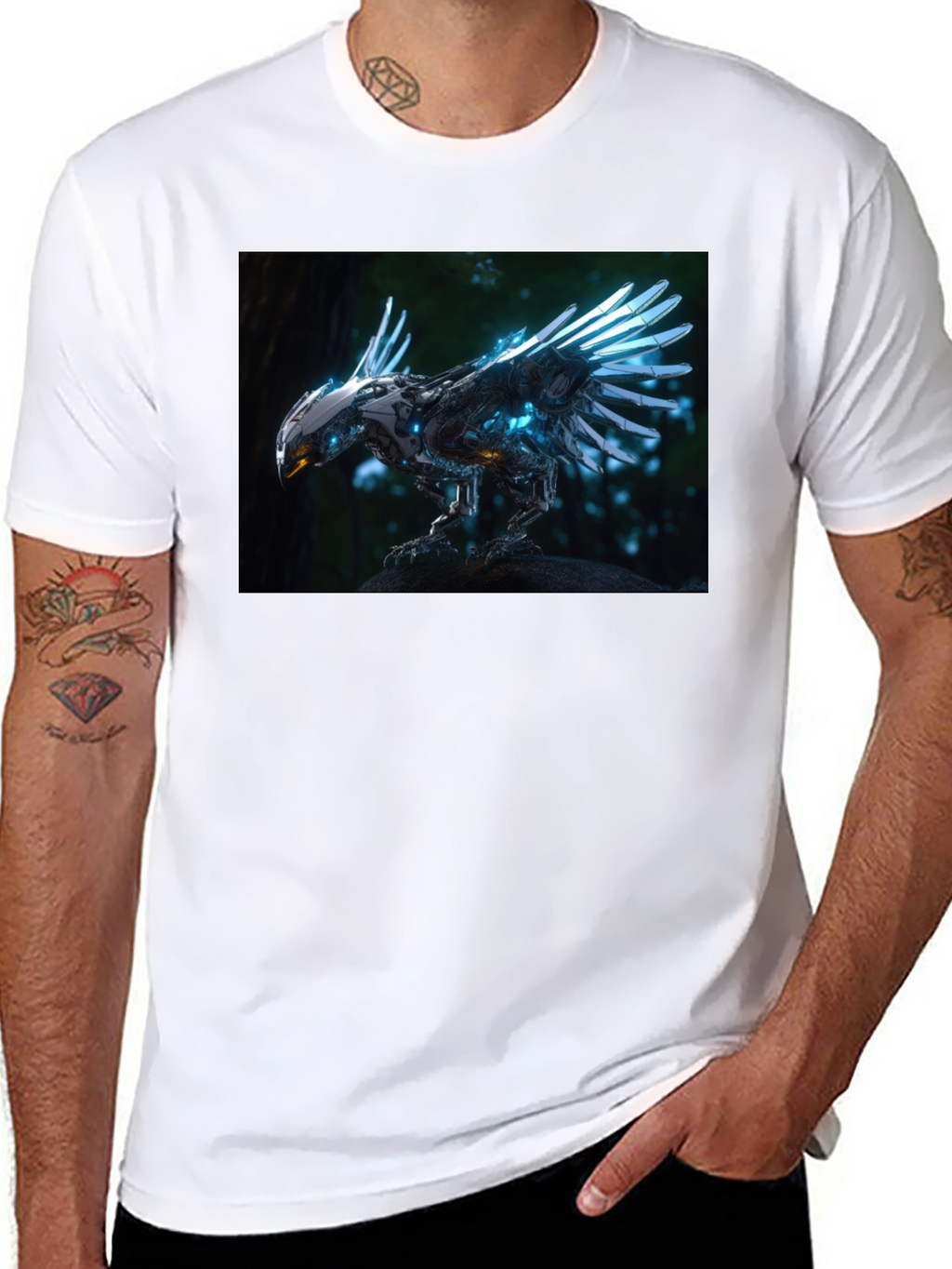 Robotic Bird Graphic T-Shirt - Sci-Fi Style