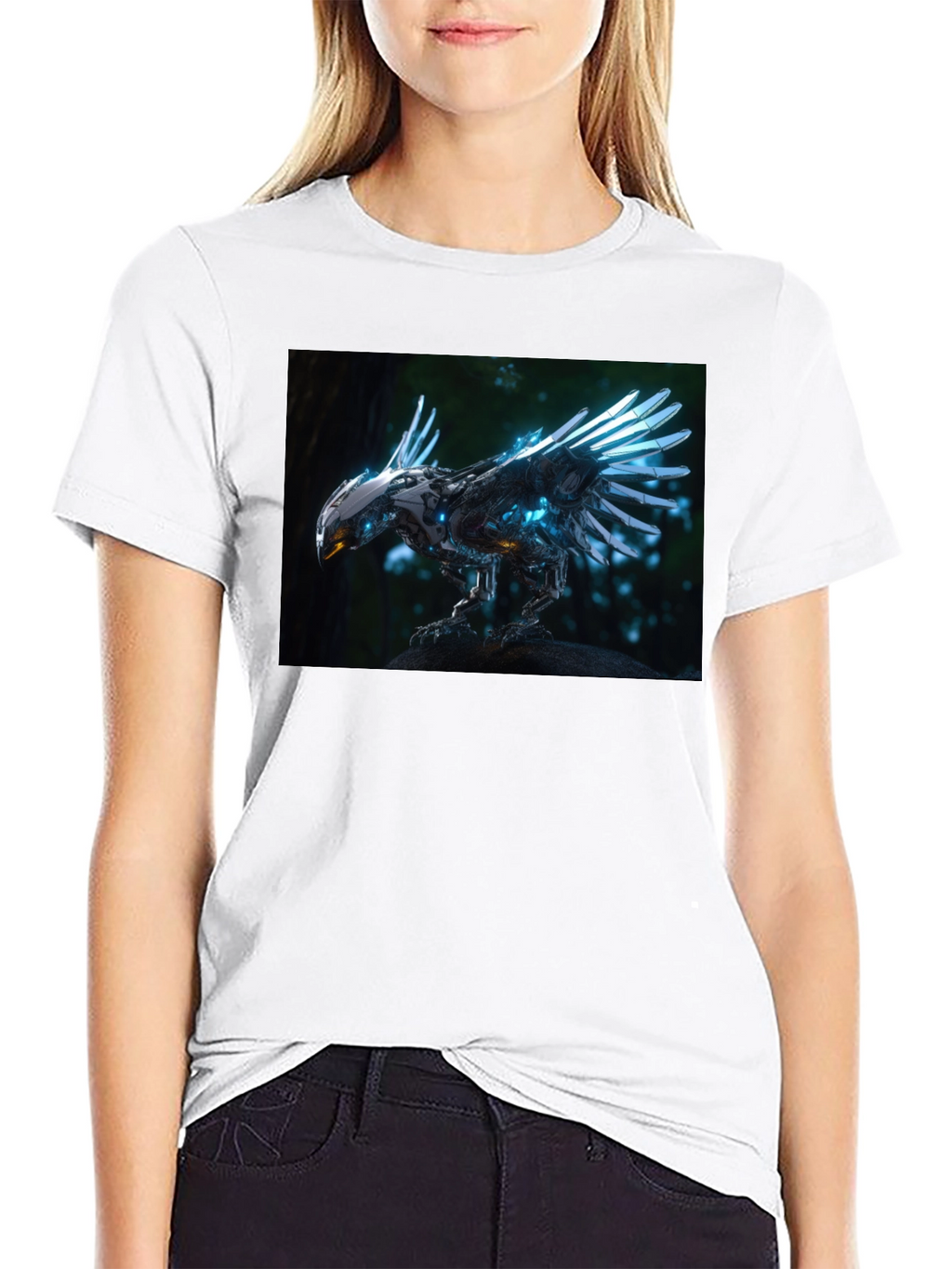 Robotic Bird Graphic T-Shirt - Sci-Fi Style