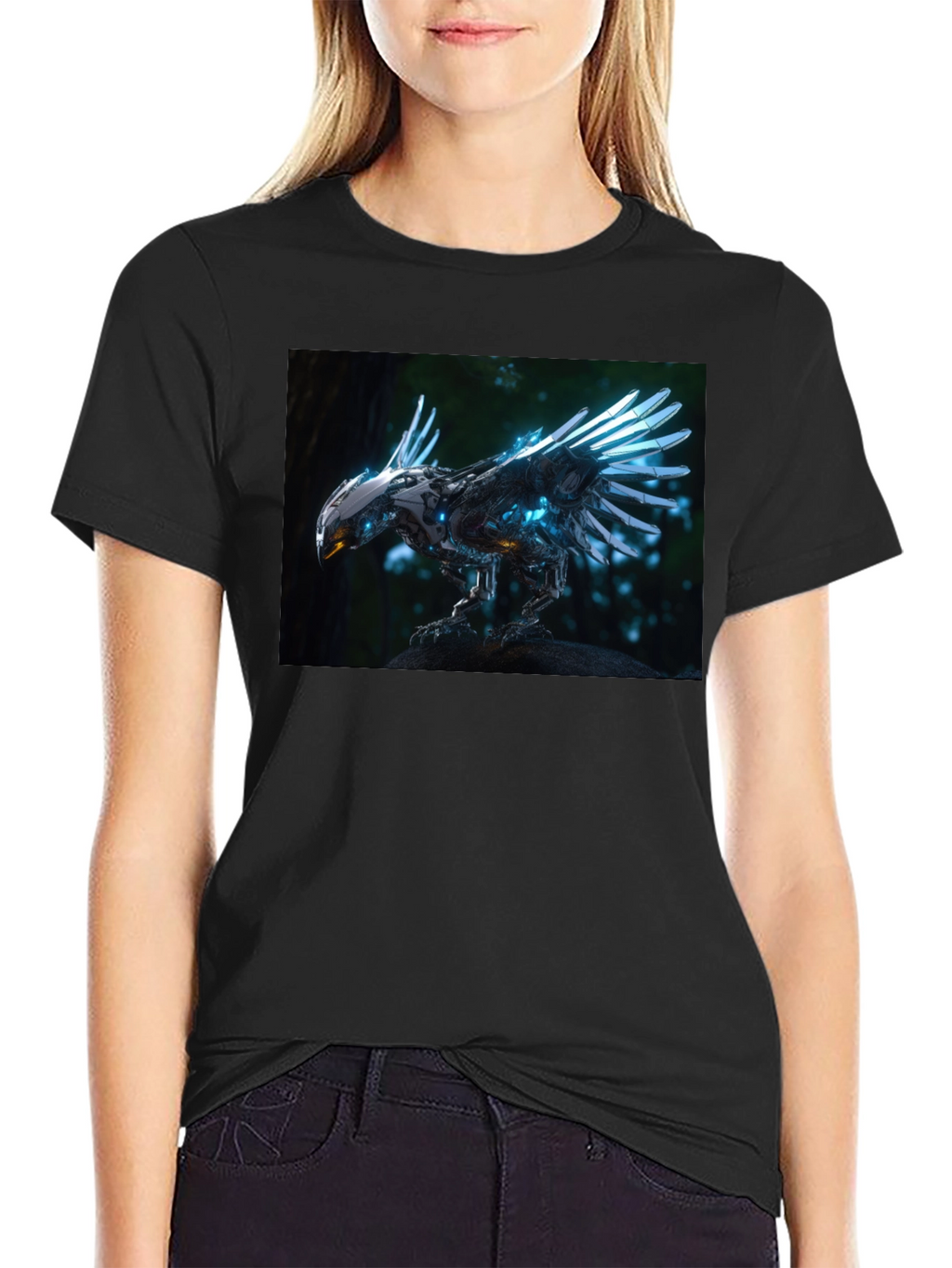 Robotic Bird Graphic T-Shirt - Sci-Fi Style
