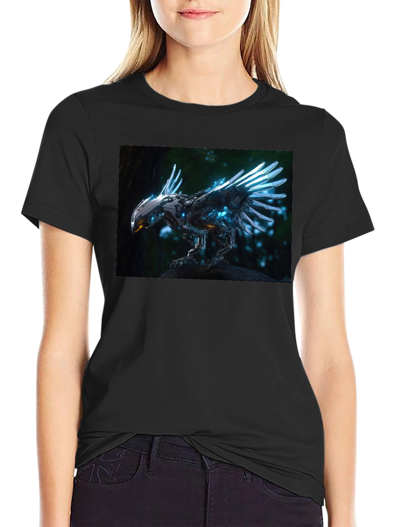 Robotic Bird Graphic T-Shirt - Sci-Fi Style