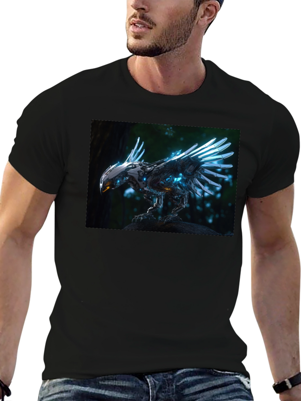Robotic Bird Graphic T-Shirt - Sci-Fi Style