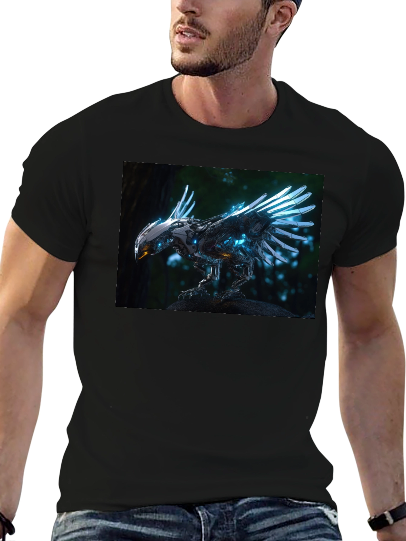 Robotic Bird Graphic T-Shirt - Sci-Fi Style