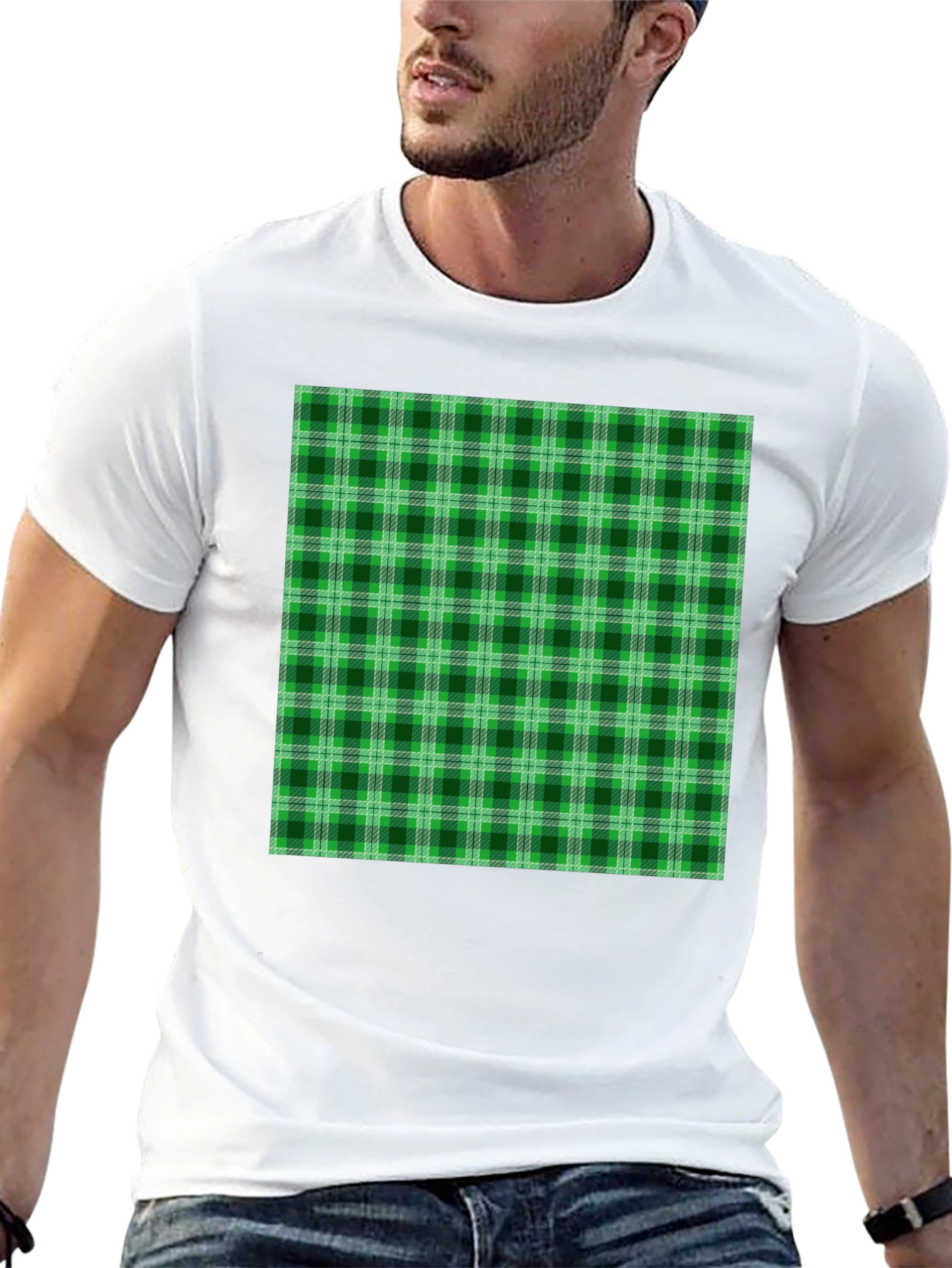 Green Plaid Graphic Tee - Casual Style