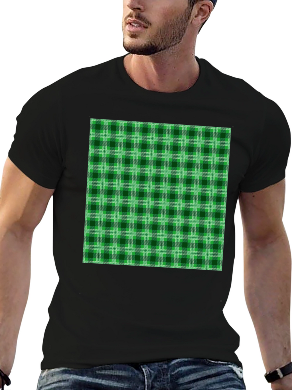 Green Plaid Graphic Tee - Casual Style