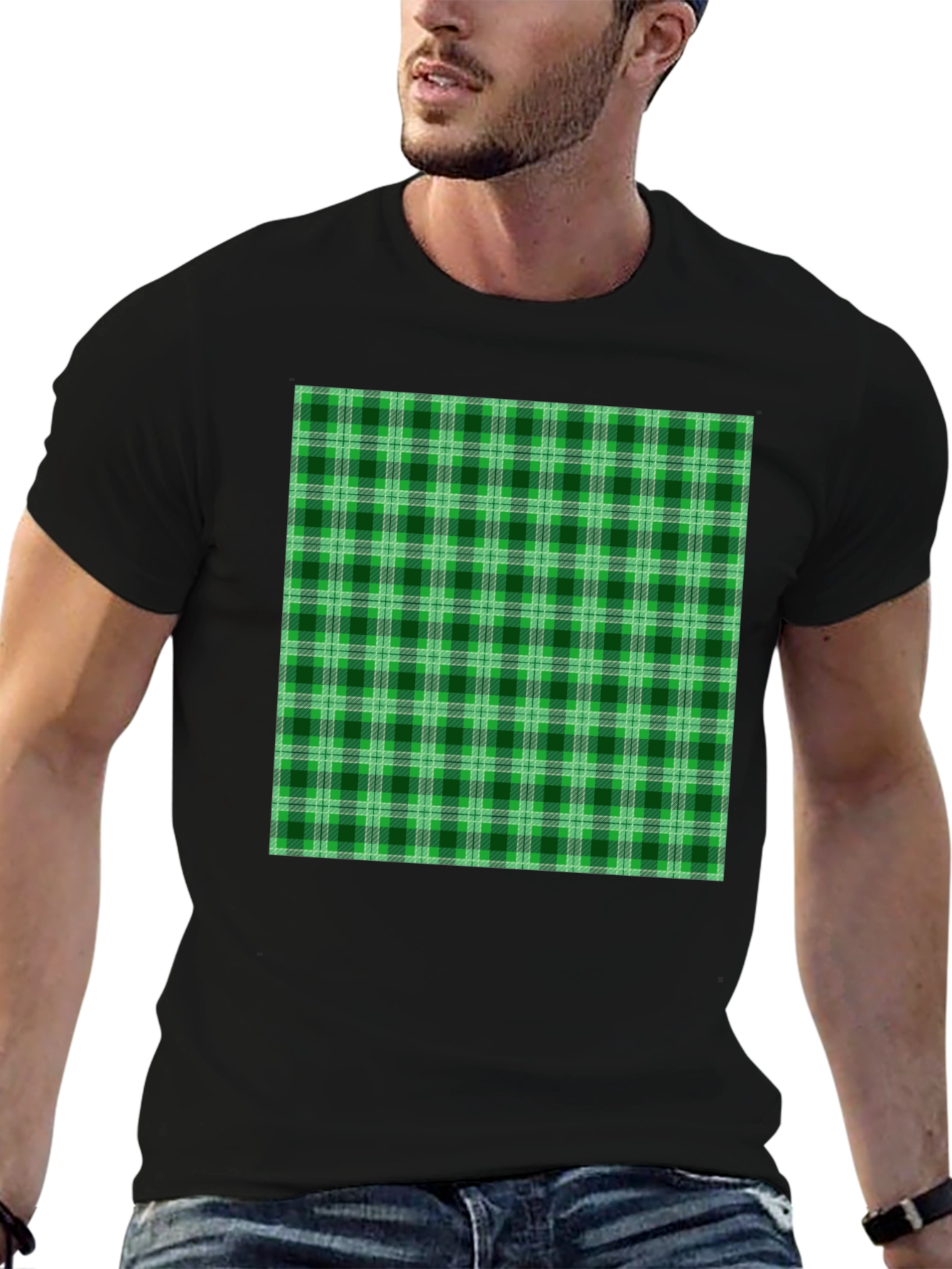 Green Plaid Graphic Tee - Casual Style