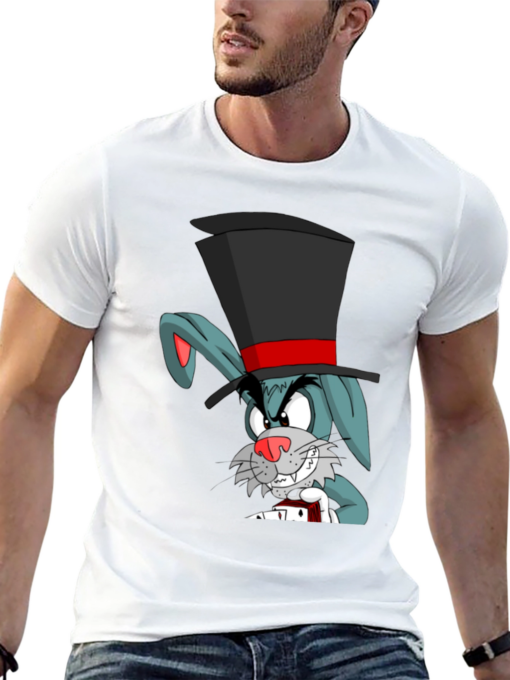 Cartoon Rabbit Magician Black T-Shirt