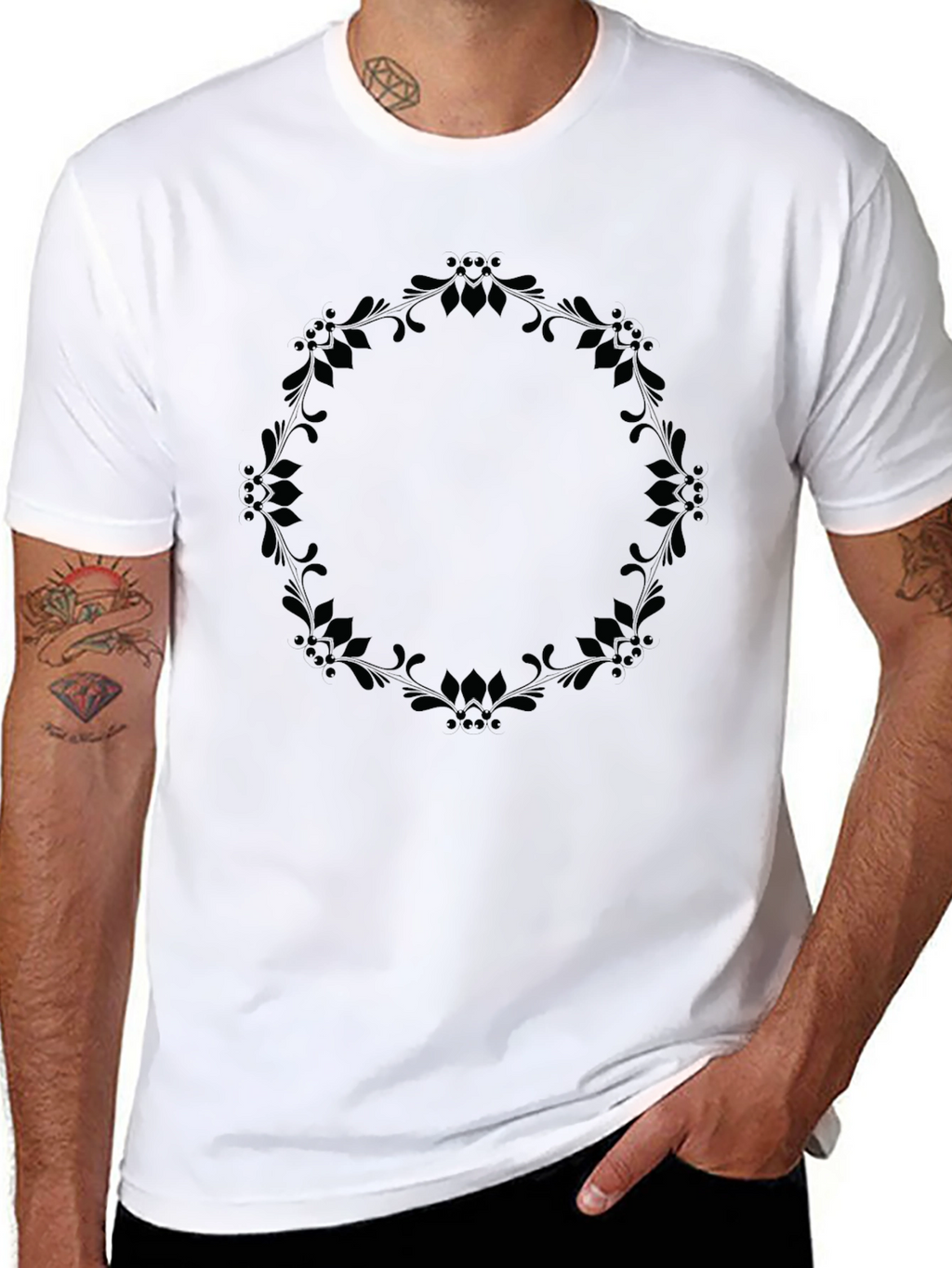 Elegant Floral Wreath Graphic Tee - Black