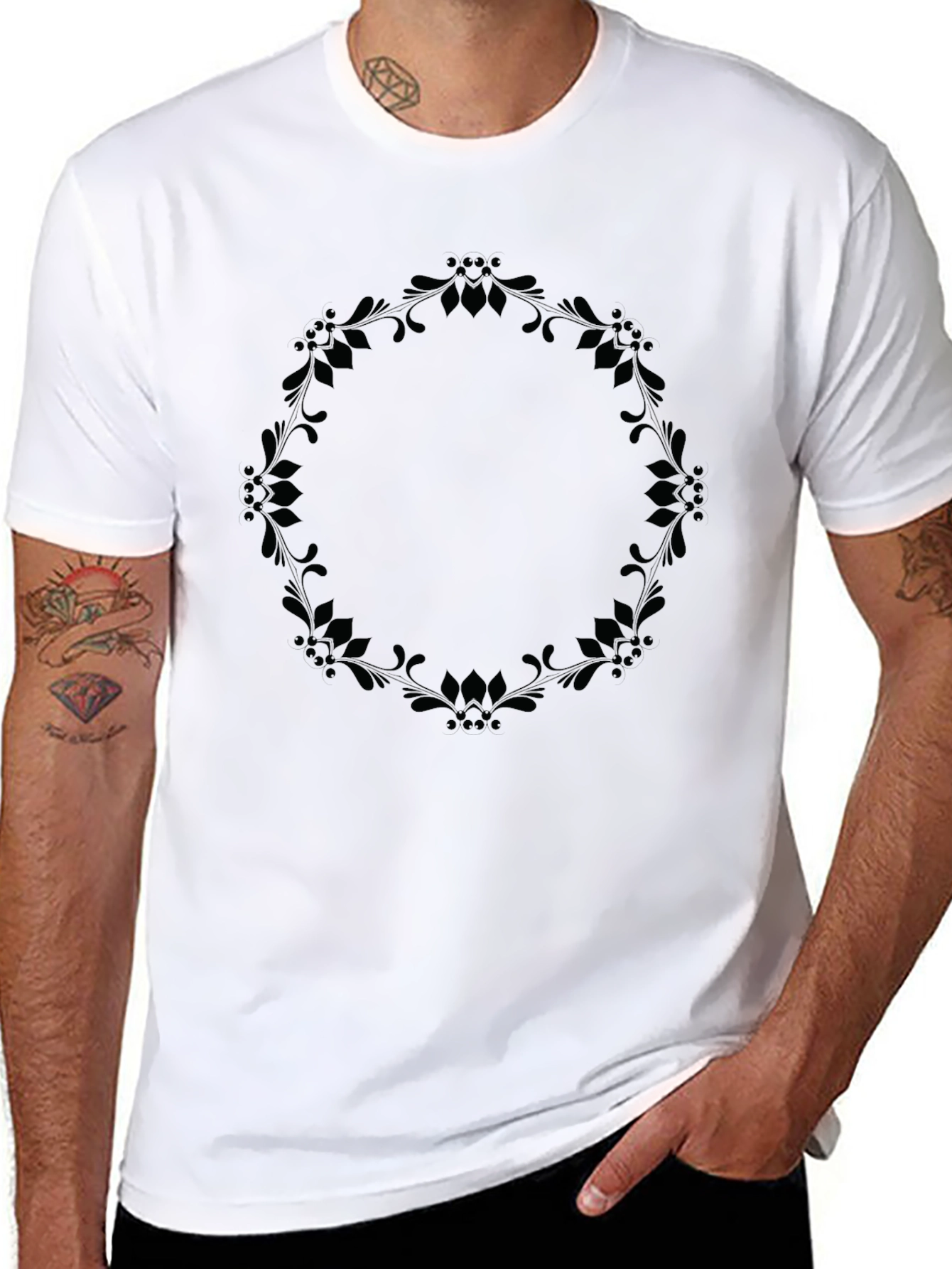 Elegant Floral Wreath Graphic Tee - Black