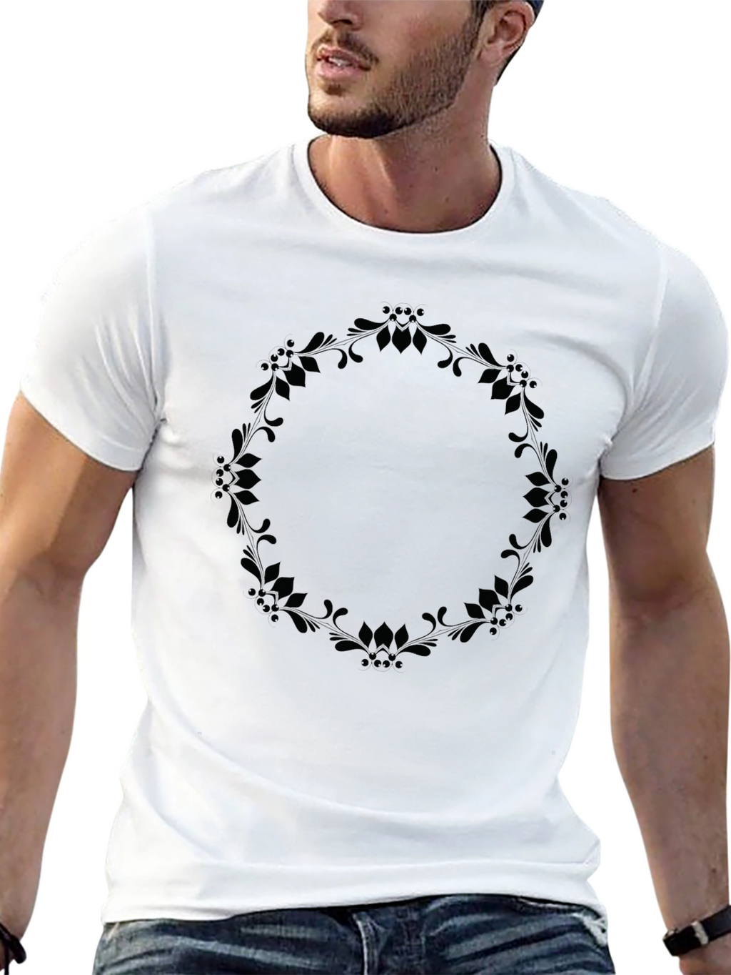 Elegant Floral Wreath Graphic Tee - Black