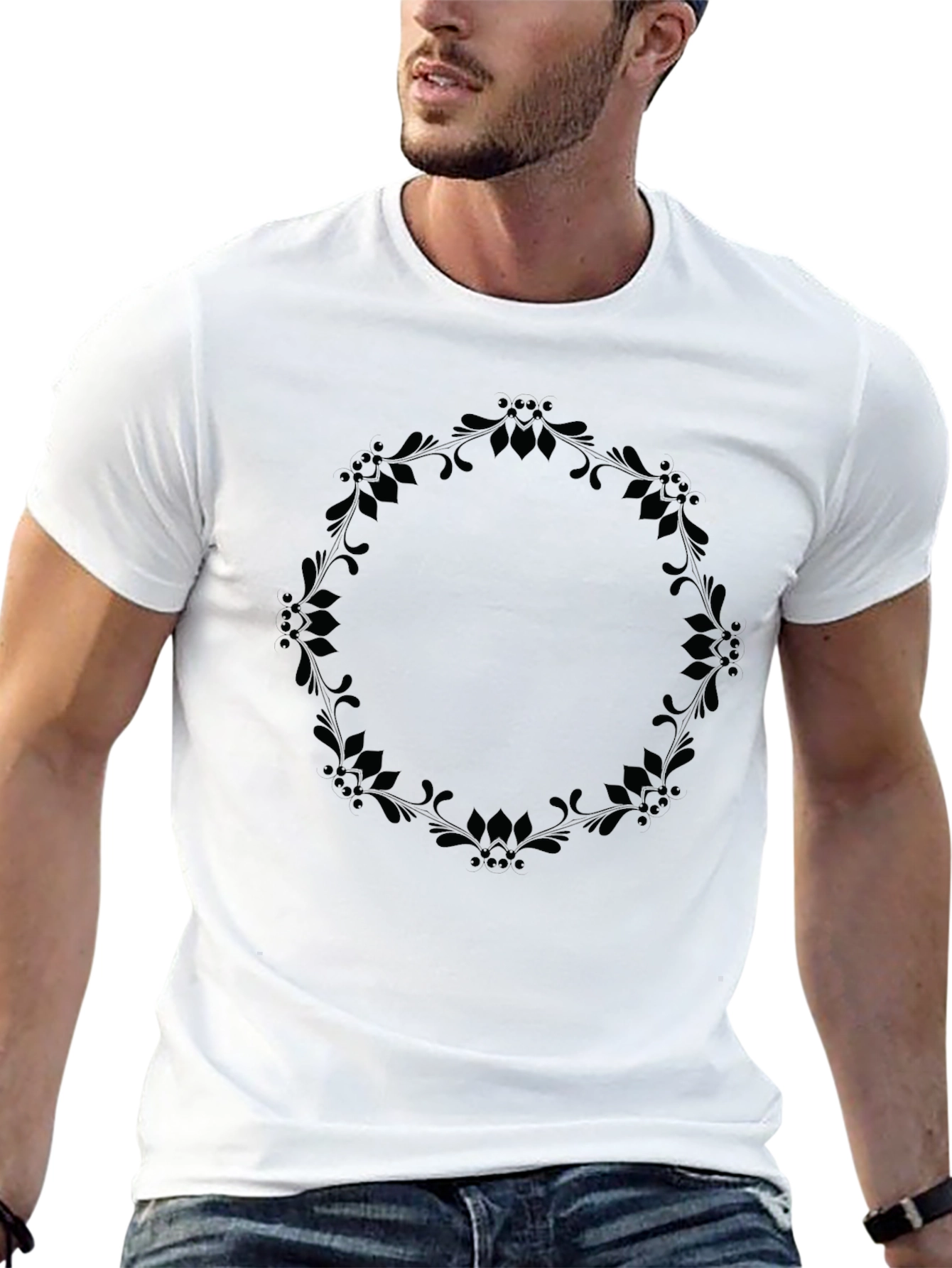 Elegant Floral Wreath Graphic Tee - Black