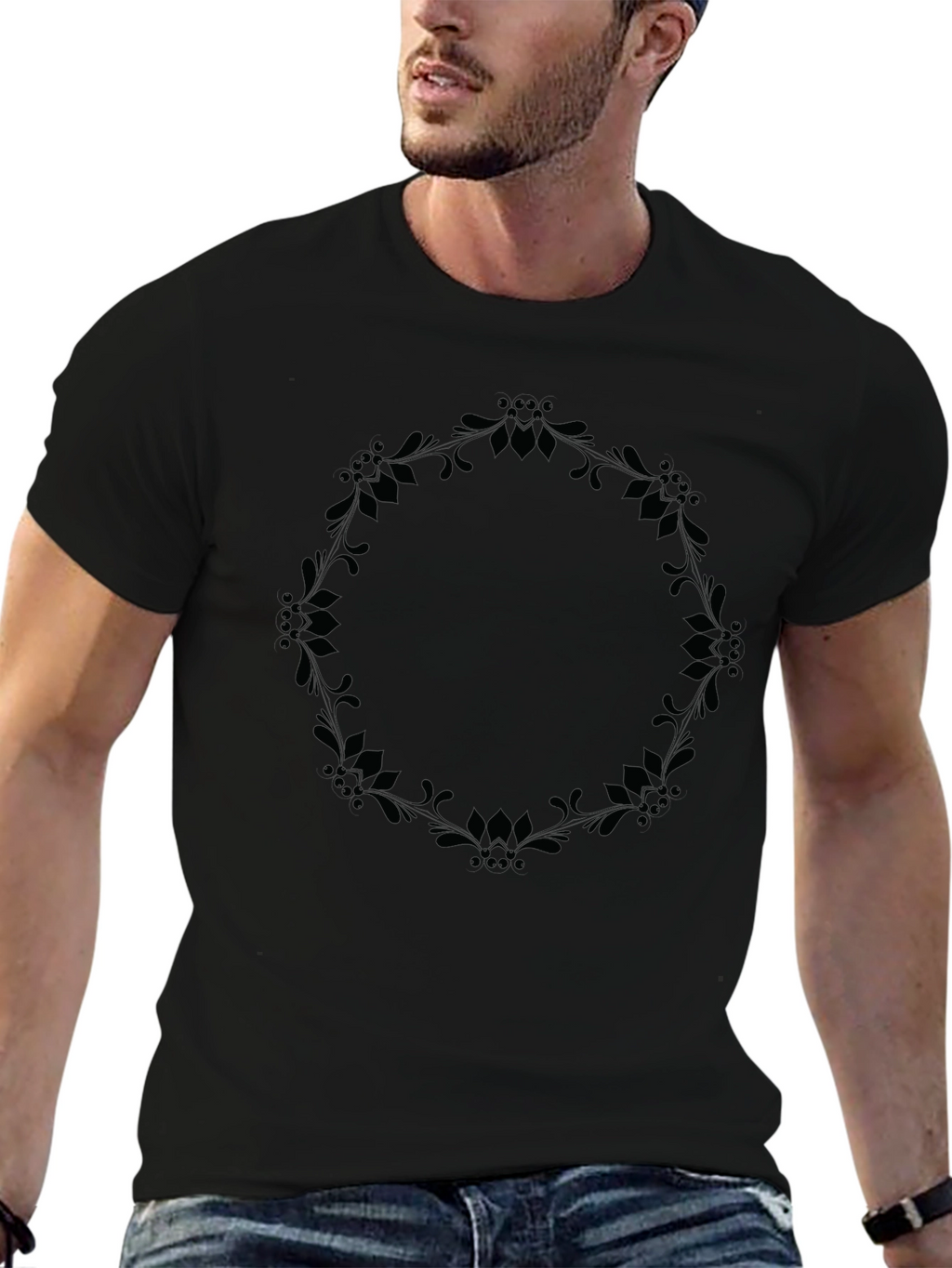 Elegant Floral Wreath Graphic Tee - Black