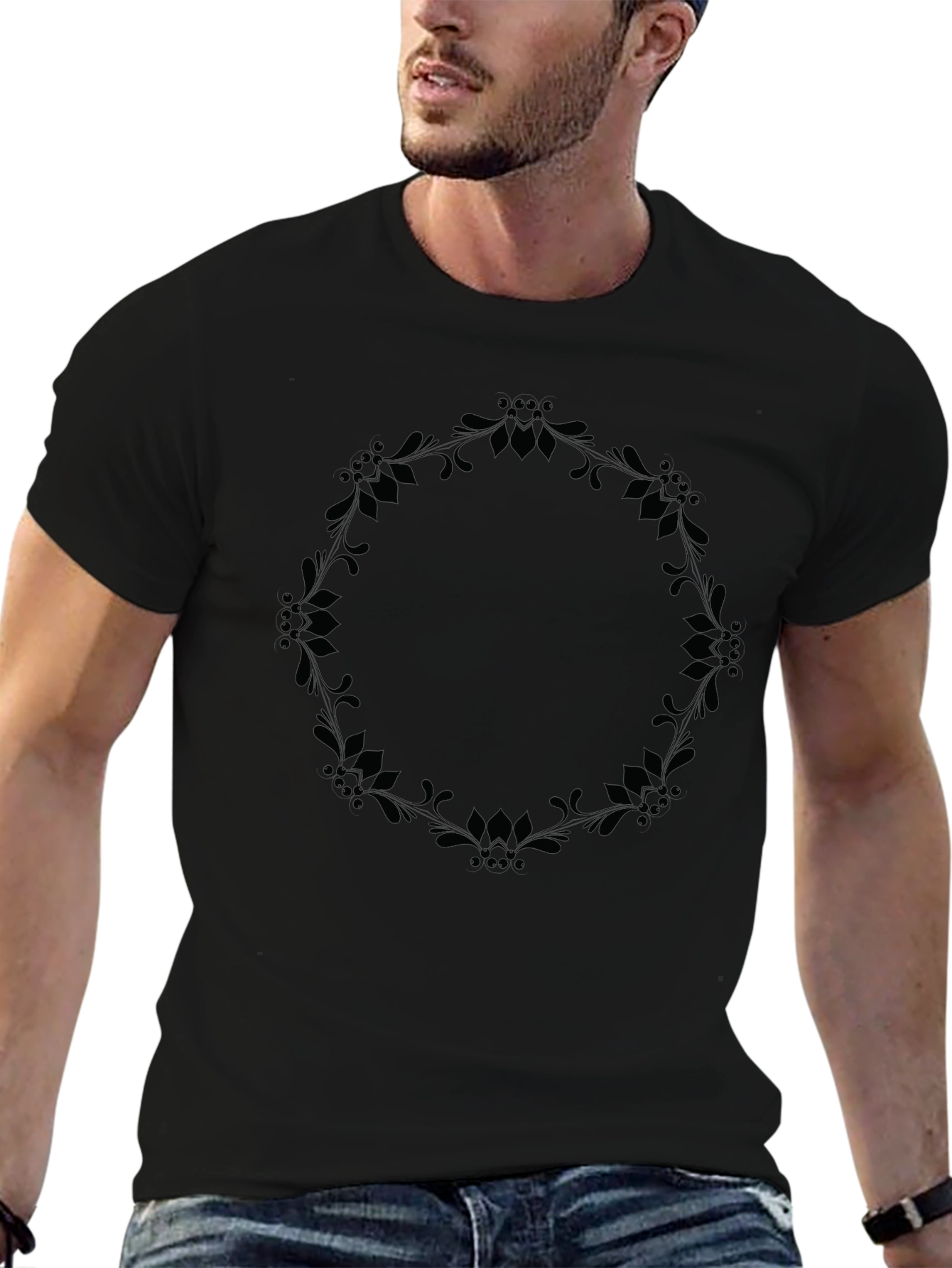 Elegant Floral Wreath Graphic Tee - Black