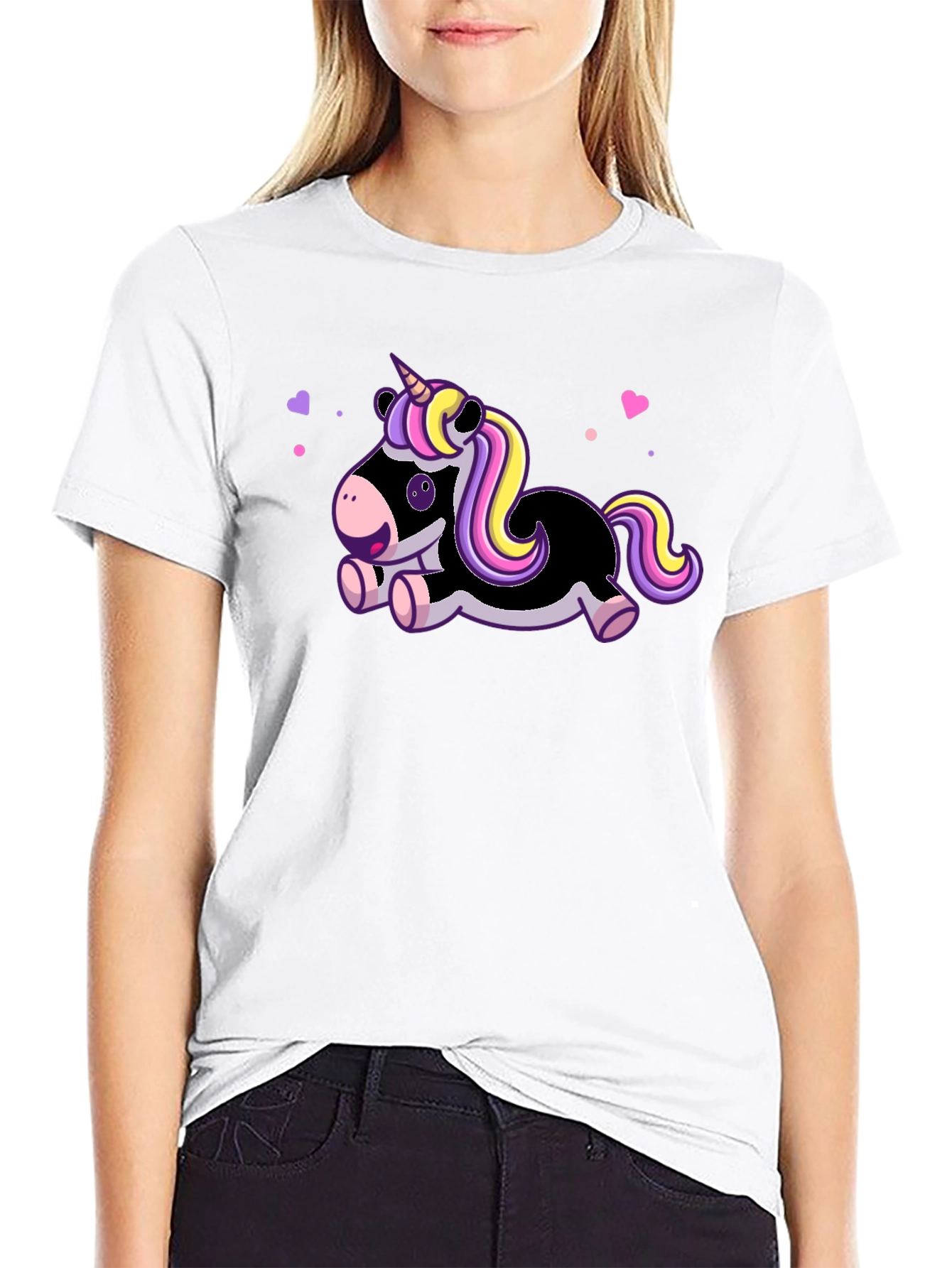 Cute Cartoon Unicorn Black T-Shirt