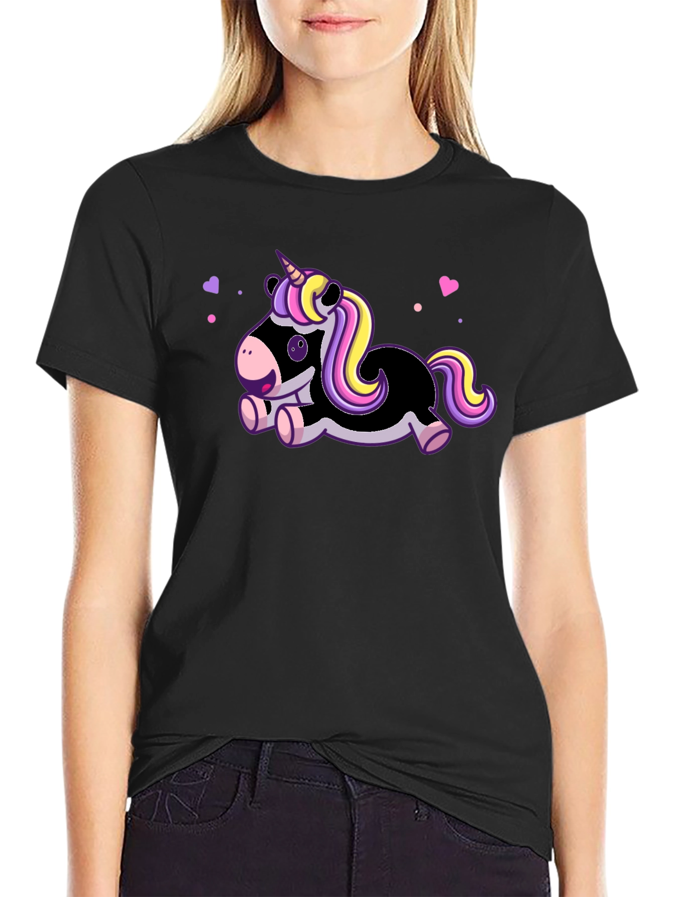 Cute Cartoon Unicorn Black T-Shirt