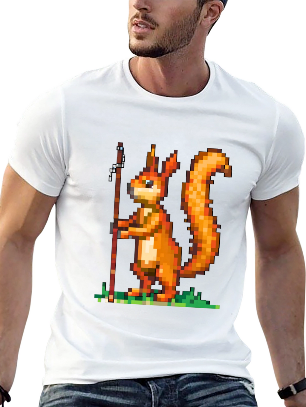 Pixel Squirrel Fishing T-Shirt - Black Cotton Tee