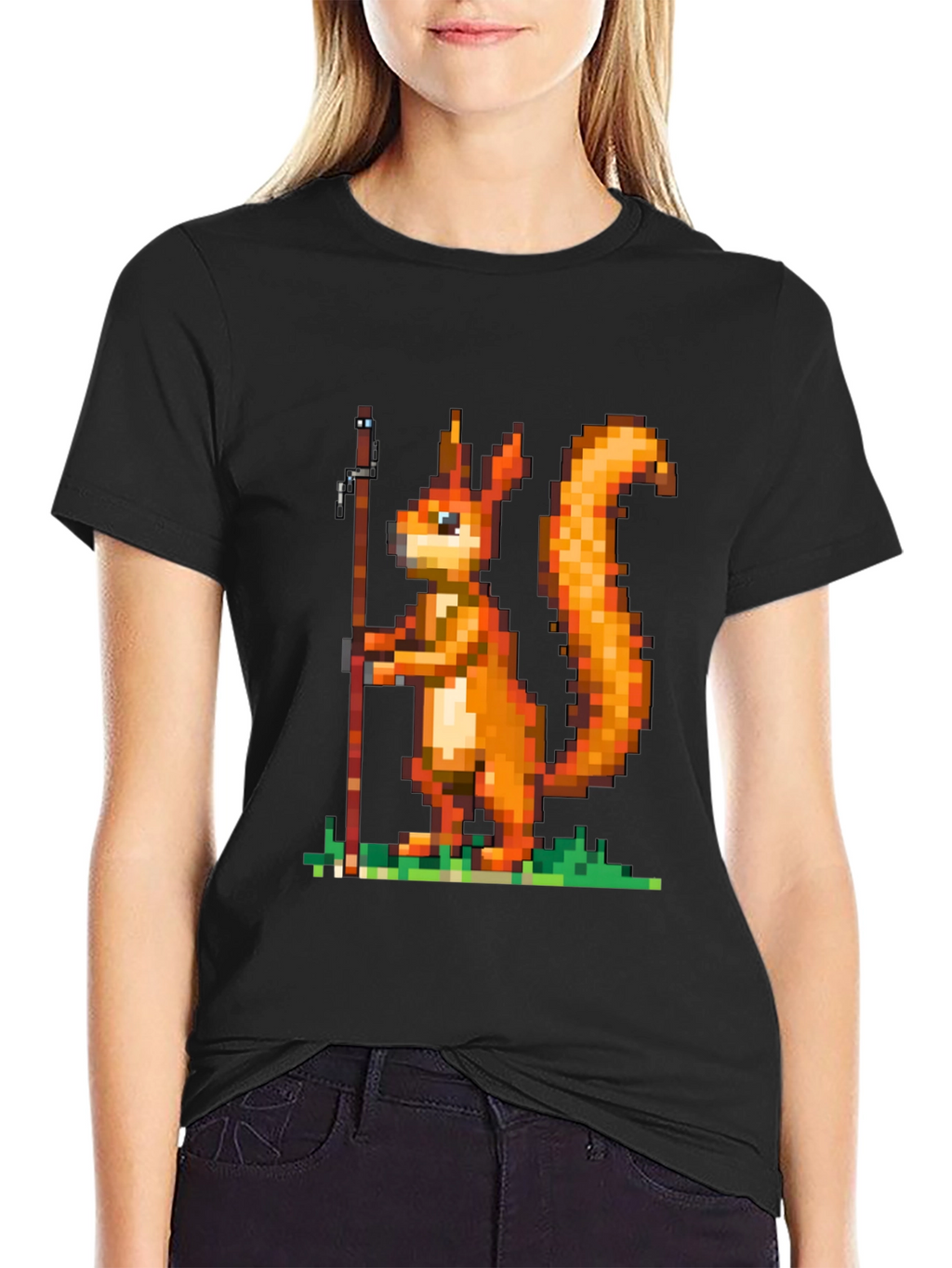 Pixel Squirrel Fishing T-Shirt - Black Cotton Tee