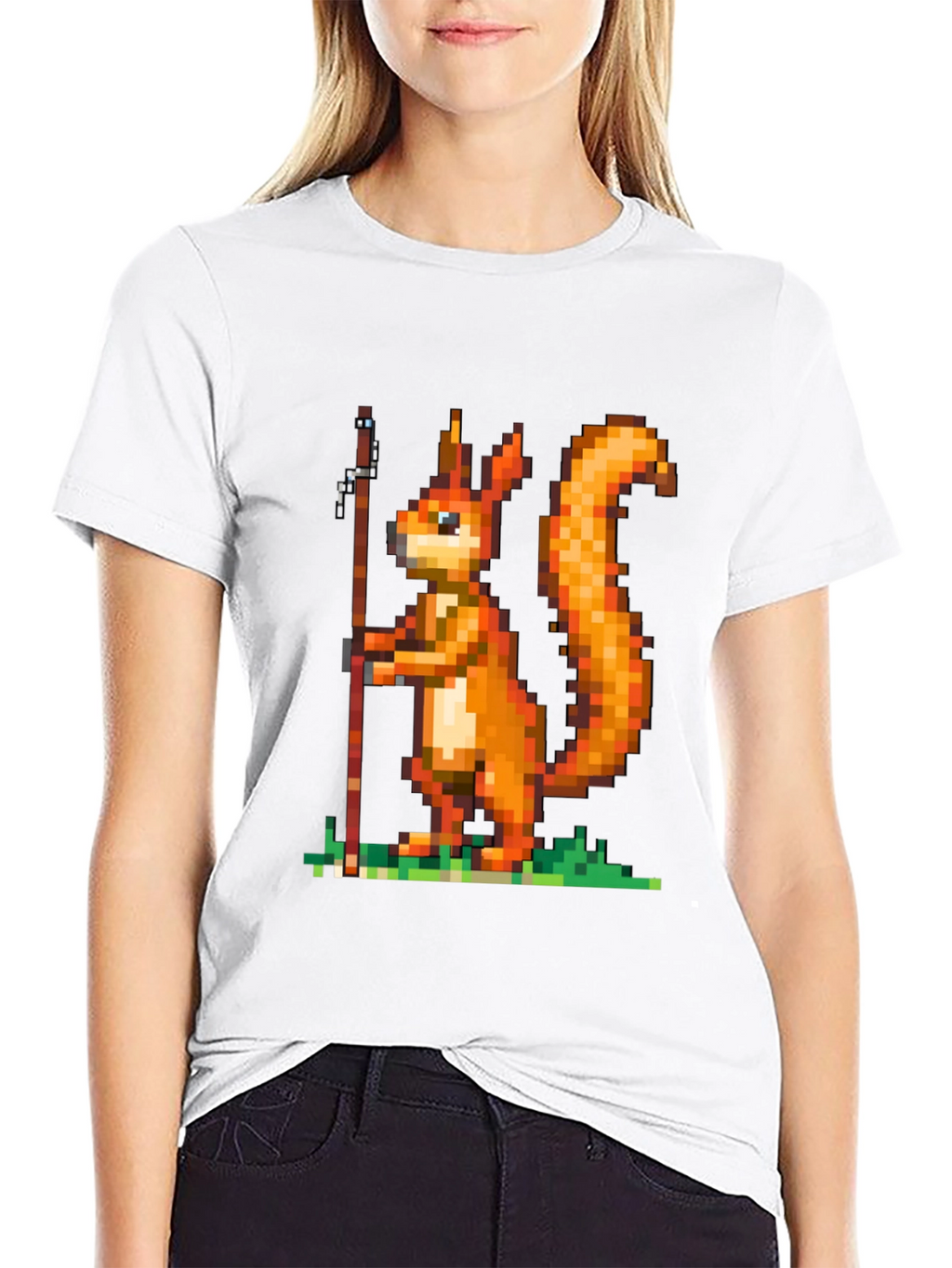 Pixel Squirrel Fishing T-Shirt - Black Cotton Tee