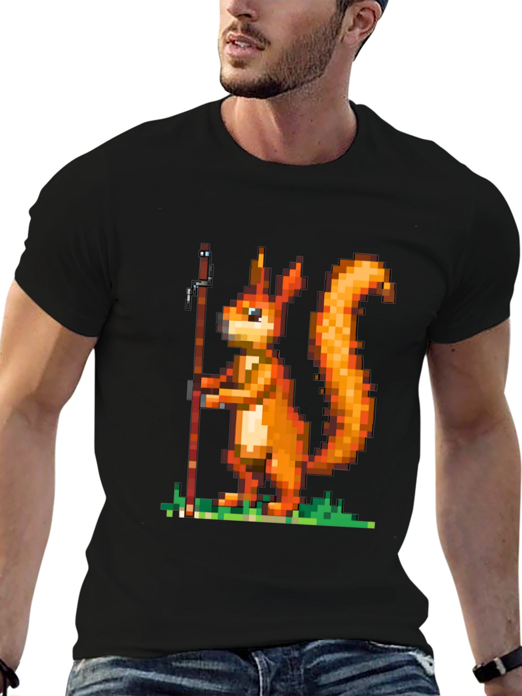Pixel Squirrel Fishing T-Shirt - Black Cotton Tee