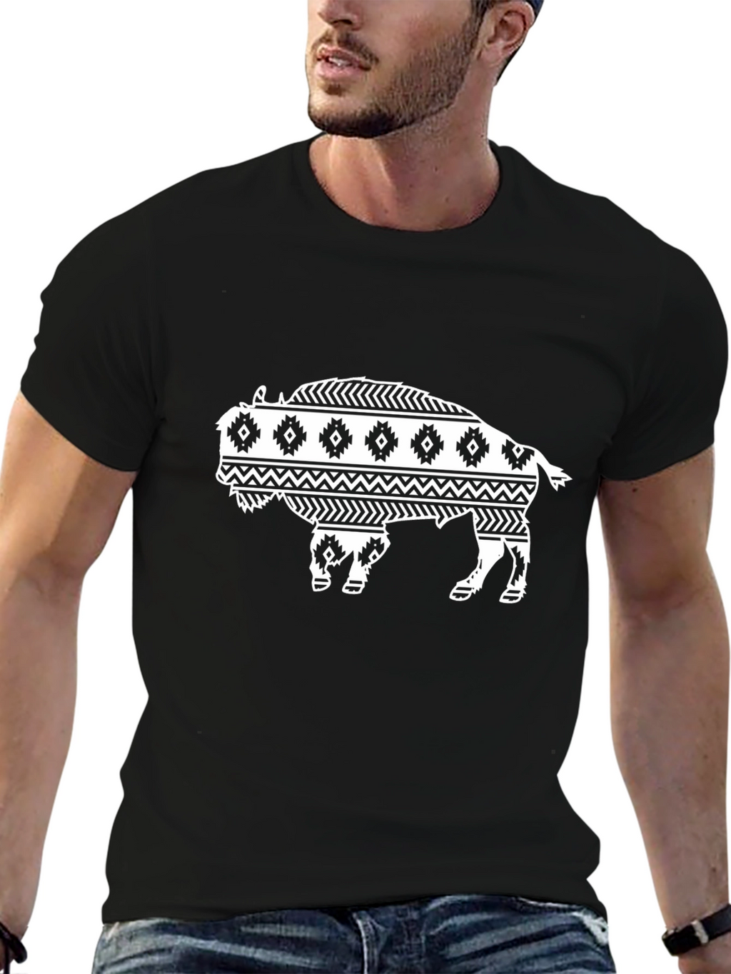 Buffalo Graphic Tee - Black Tribal Bison Design