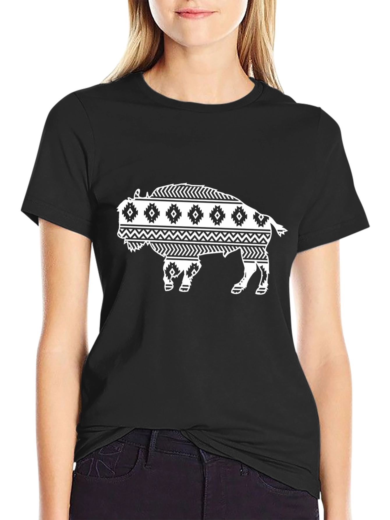 Buffalo Graphic Tee - Black Tribal Bison Design