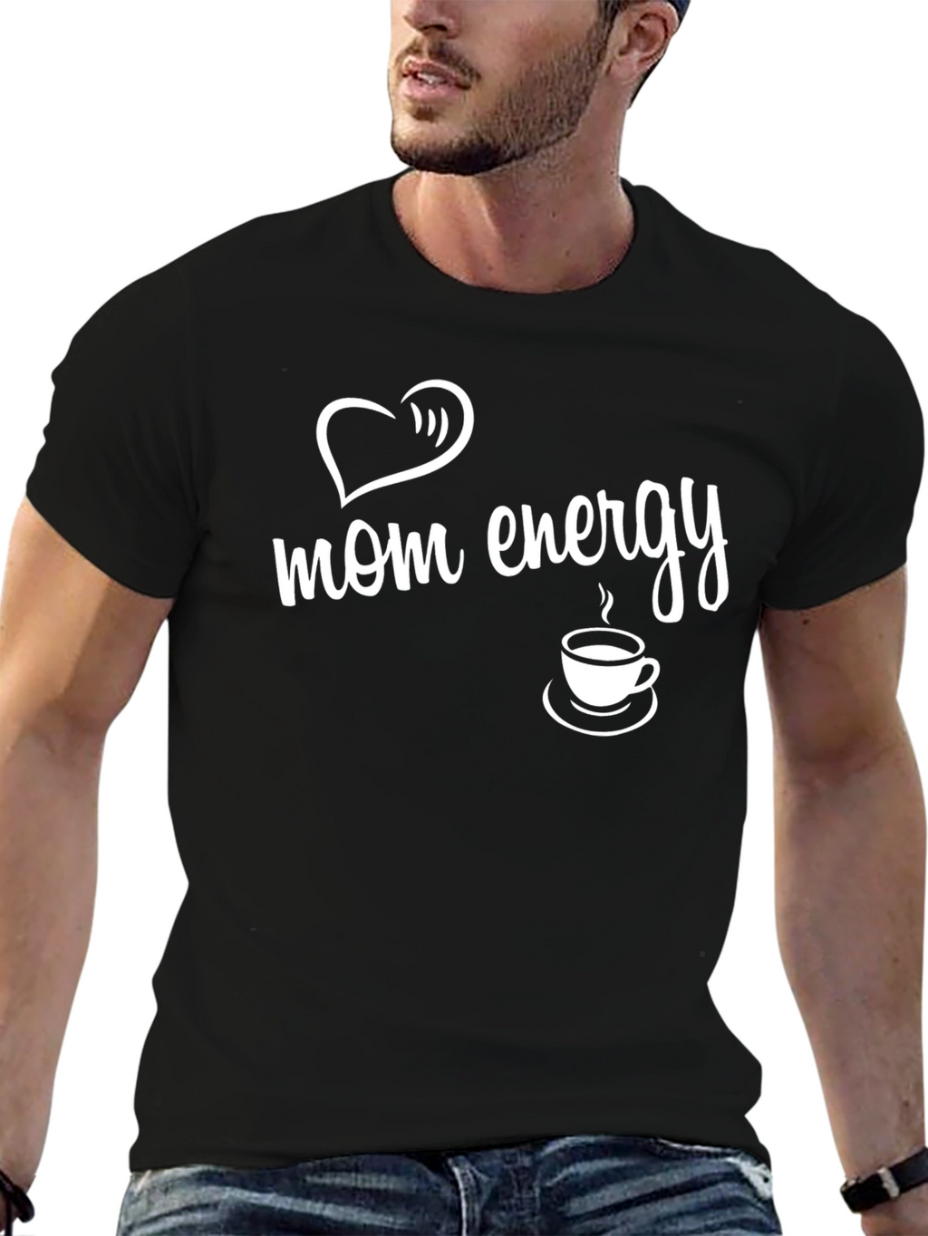 Mom Energy Black T-Shirt with Heart & Coffee Graphic