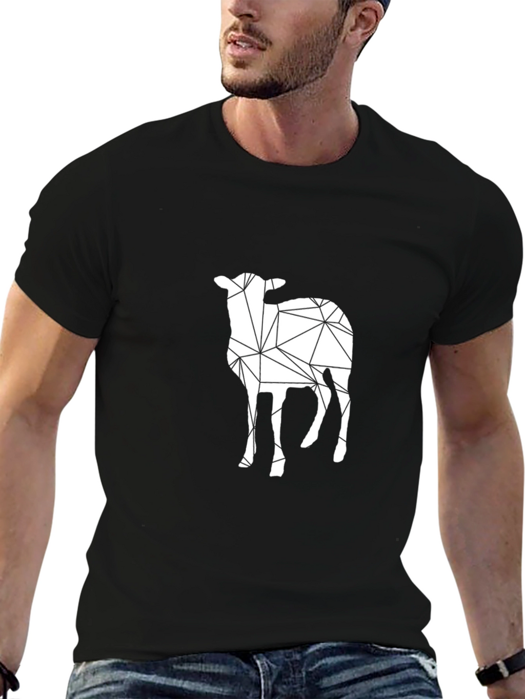 Geometric Lamb Graphic Tee - Mens Black Crew Neck