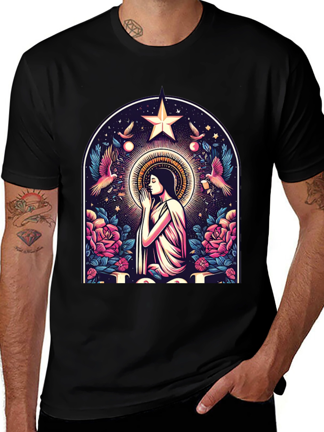 Mystical Praying Woman Graphic Tee - Black