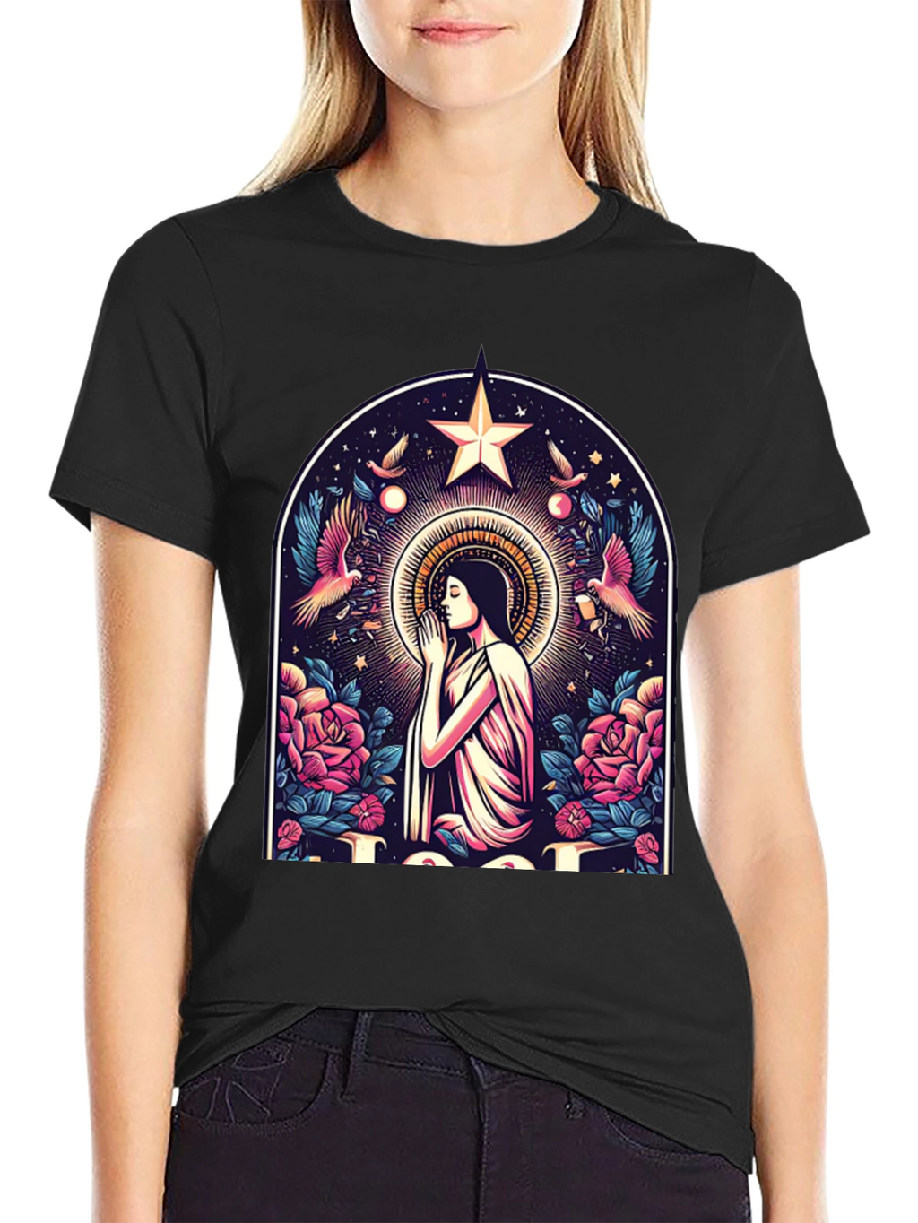 Mystical Praying Woman Graphic Tee - Black