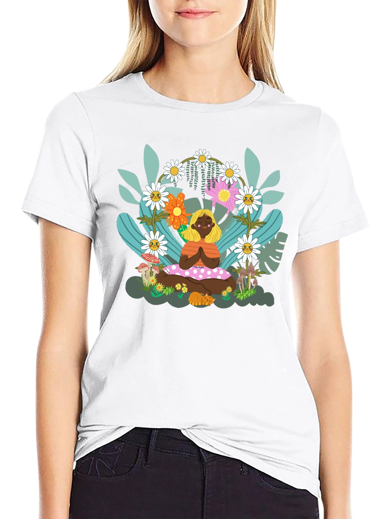 Yoga Girl in Floral Garden T-Shirt