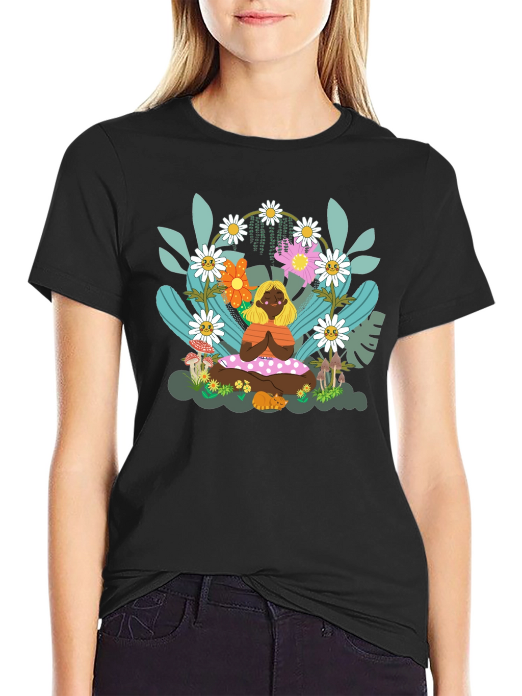 Yoga Girl in Floral Garden T-Shirt
