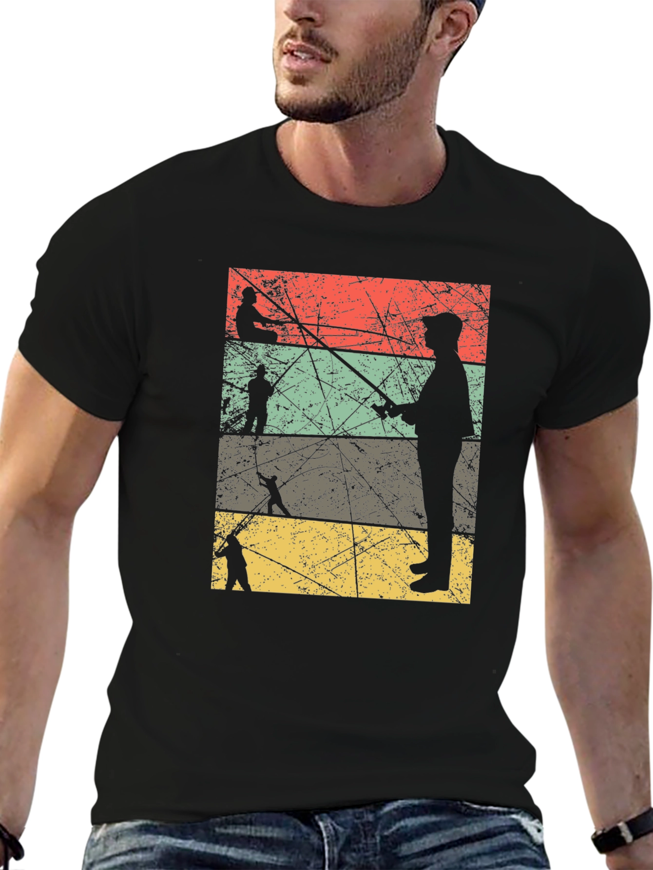 Vintage Fishing Silhouette Mens Black T-Shirt