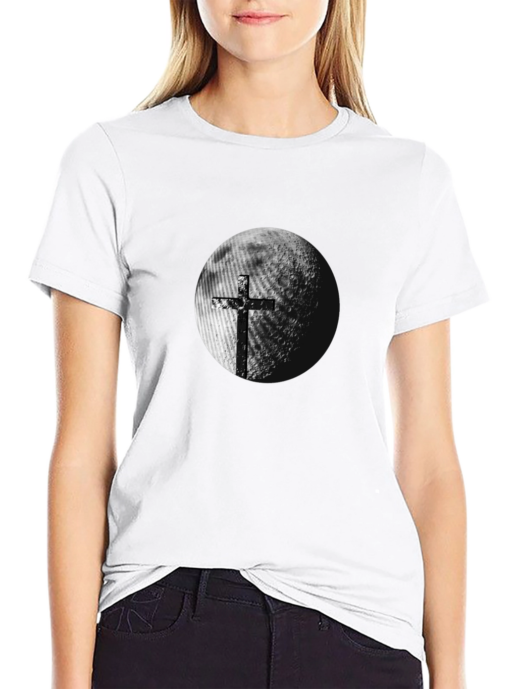 Cross Moon Graphic Tee - Trendy Black T-Shirt