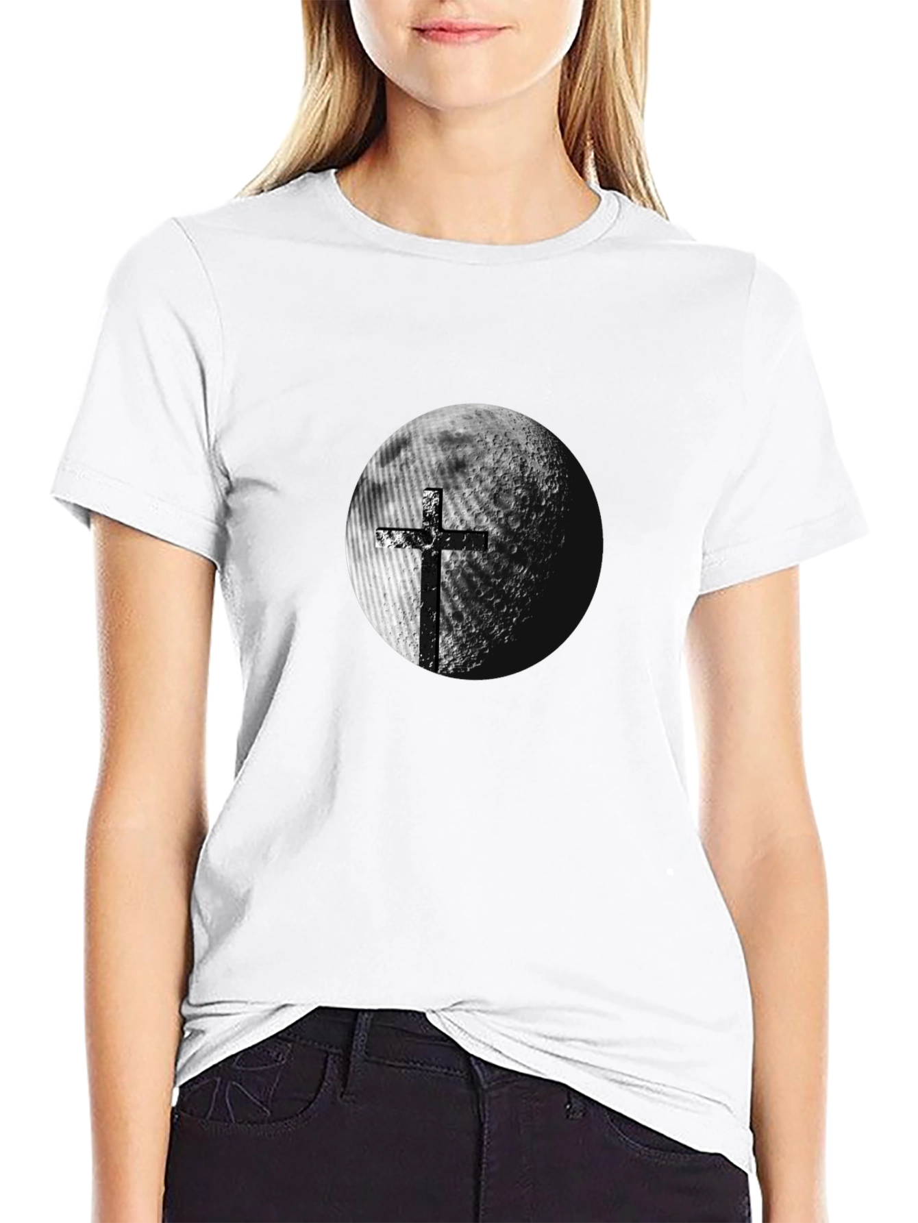Cross Moon Graphic Tee - Trendy Black T-Shirt