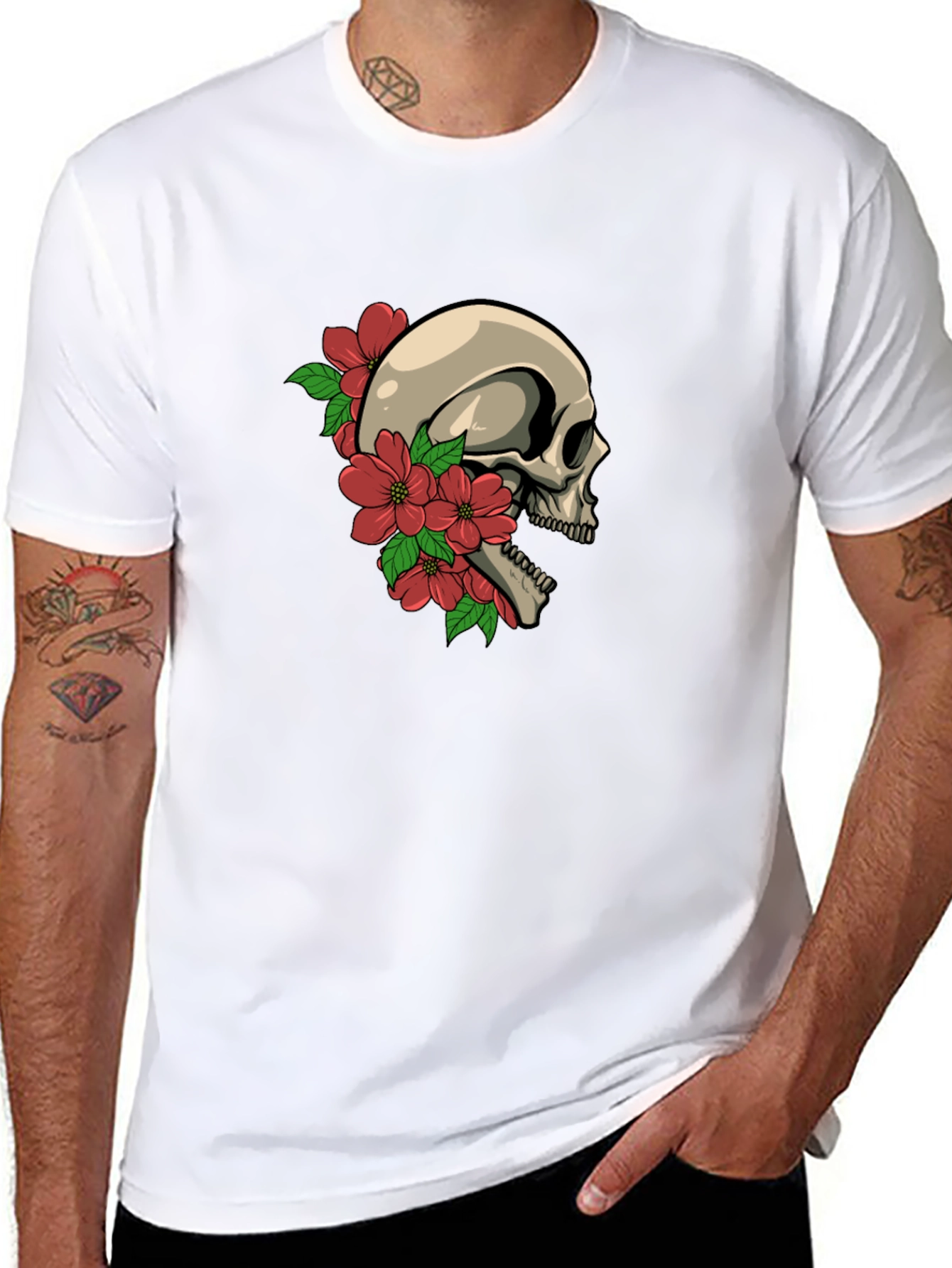 Skull and Flowers Graphic Tee - Black