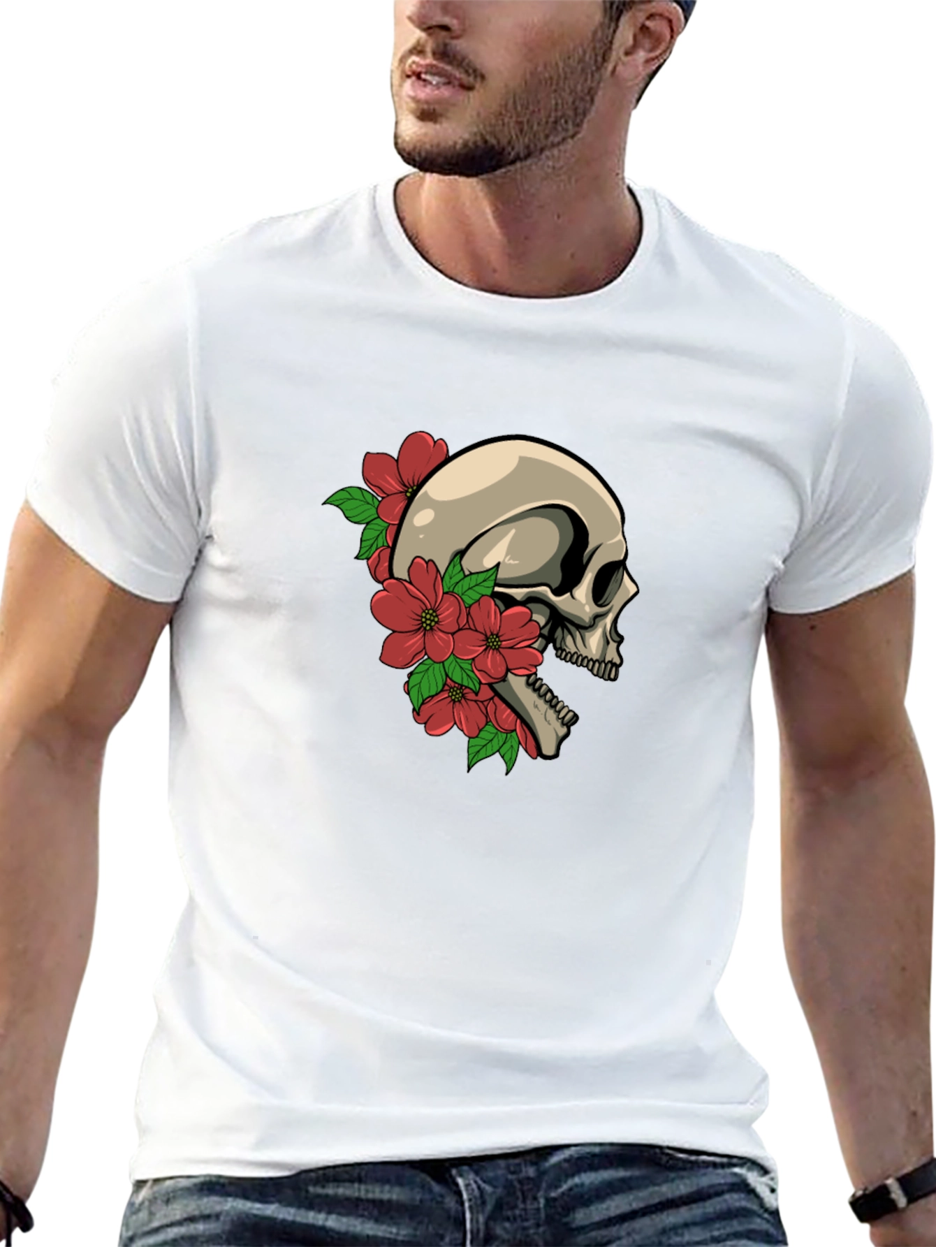 Skull and Flowers Graphic Tee - Black
