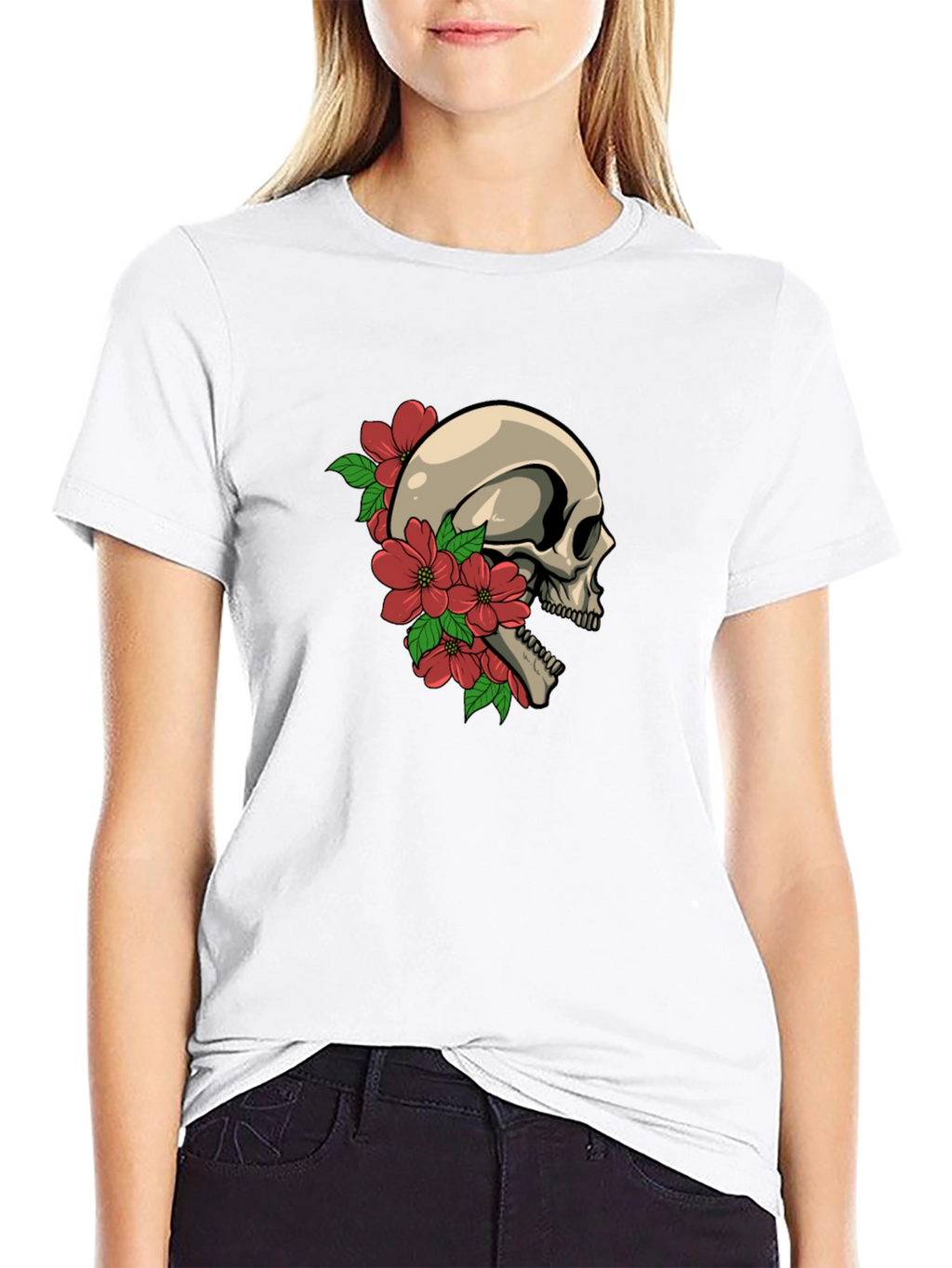 Skull and Flowers Graphic Tee - Black
