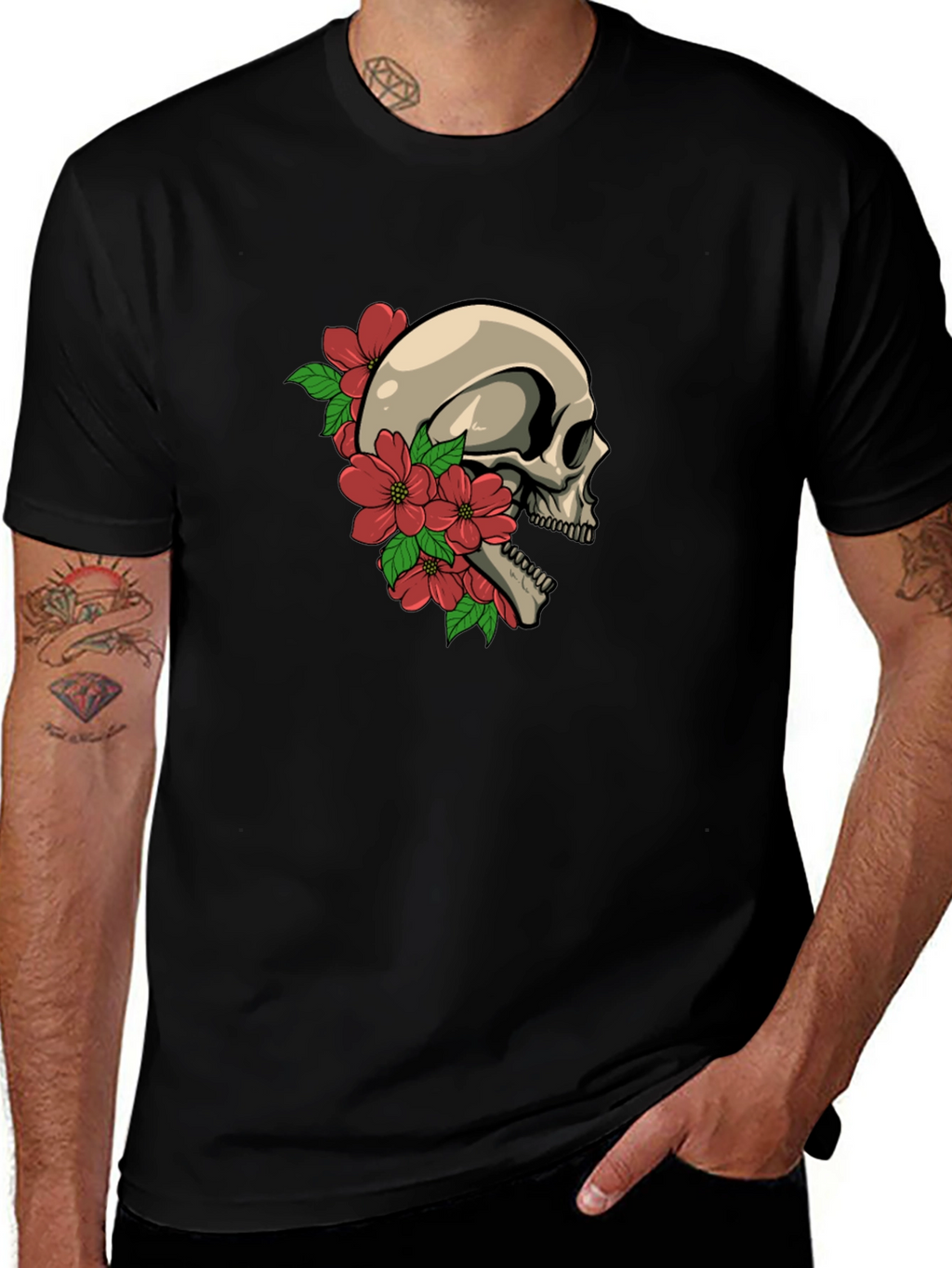 Skull and Flowers Graphic Tee - Black