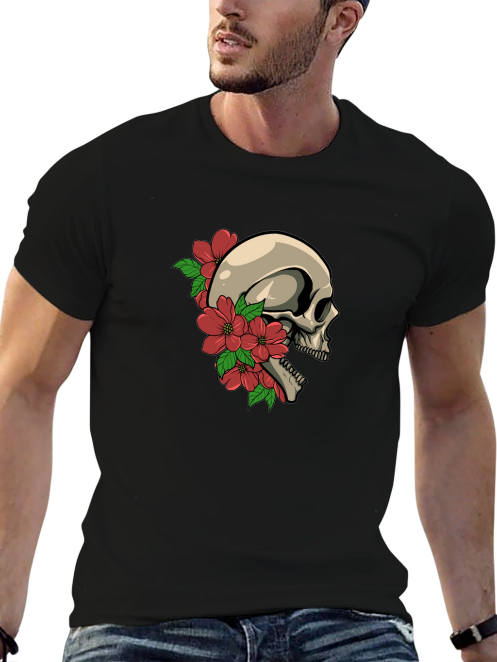 Skull and Flowers Graphic Tee - Black