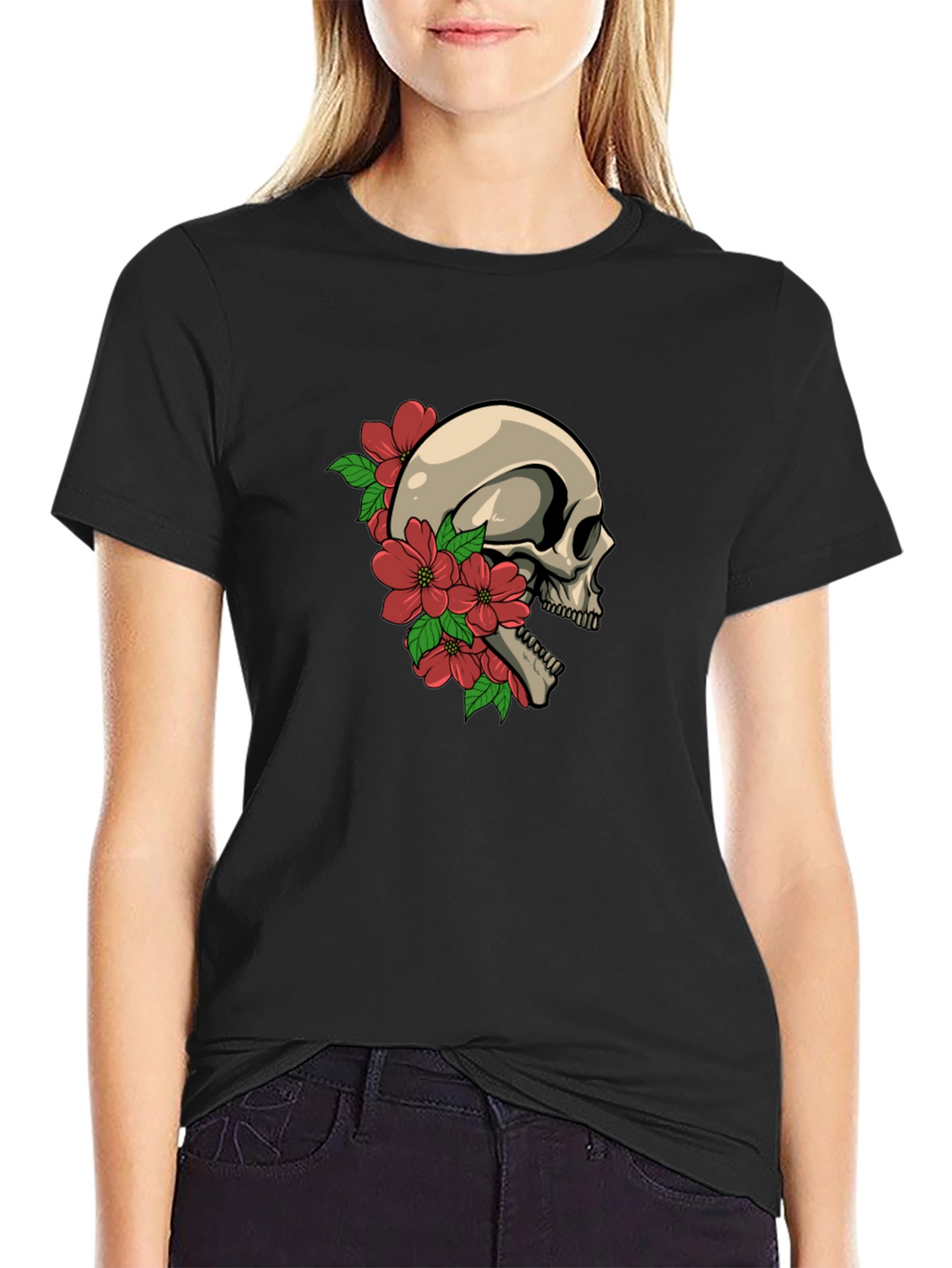 Skull and Flowers Graphic Tee - Black