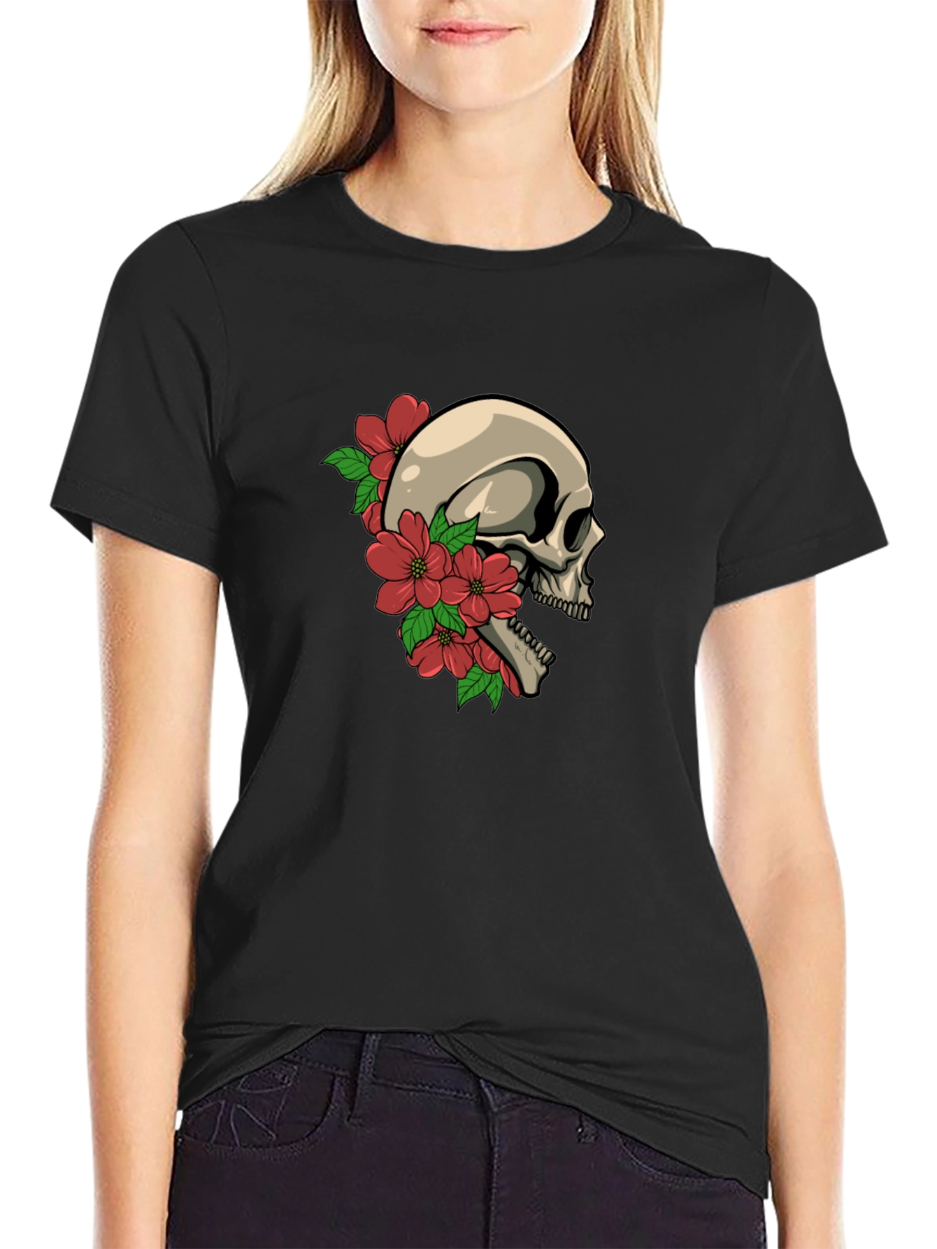 Skull and Flowers Graphic Tee - Black