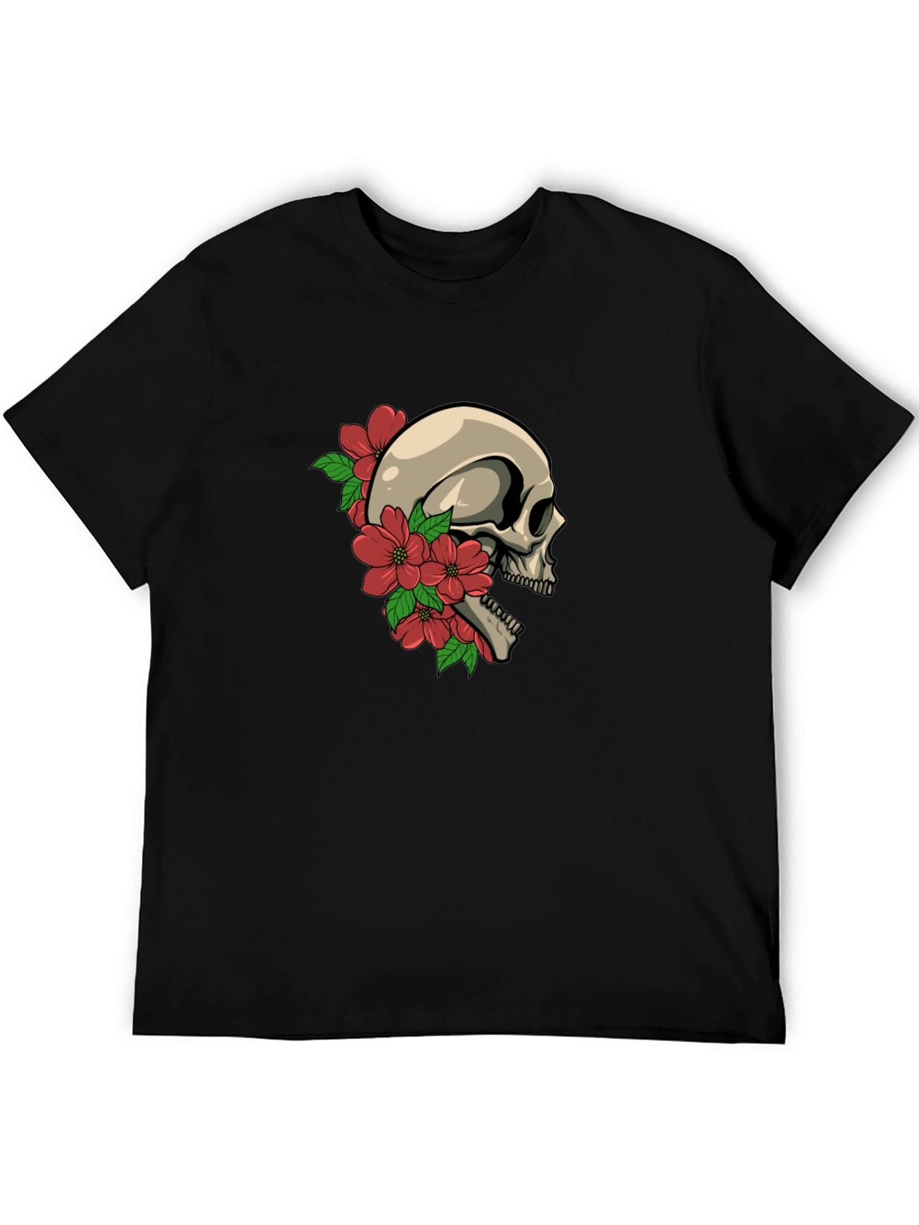 Skull and Flowers Graphic Tee - Black
