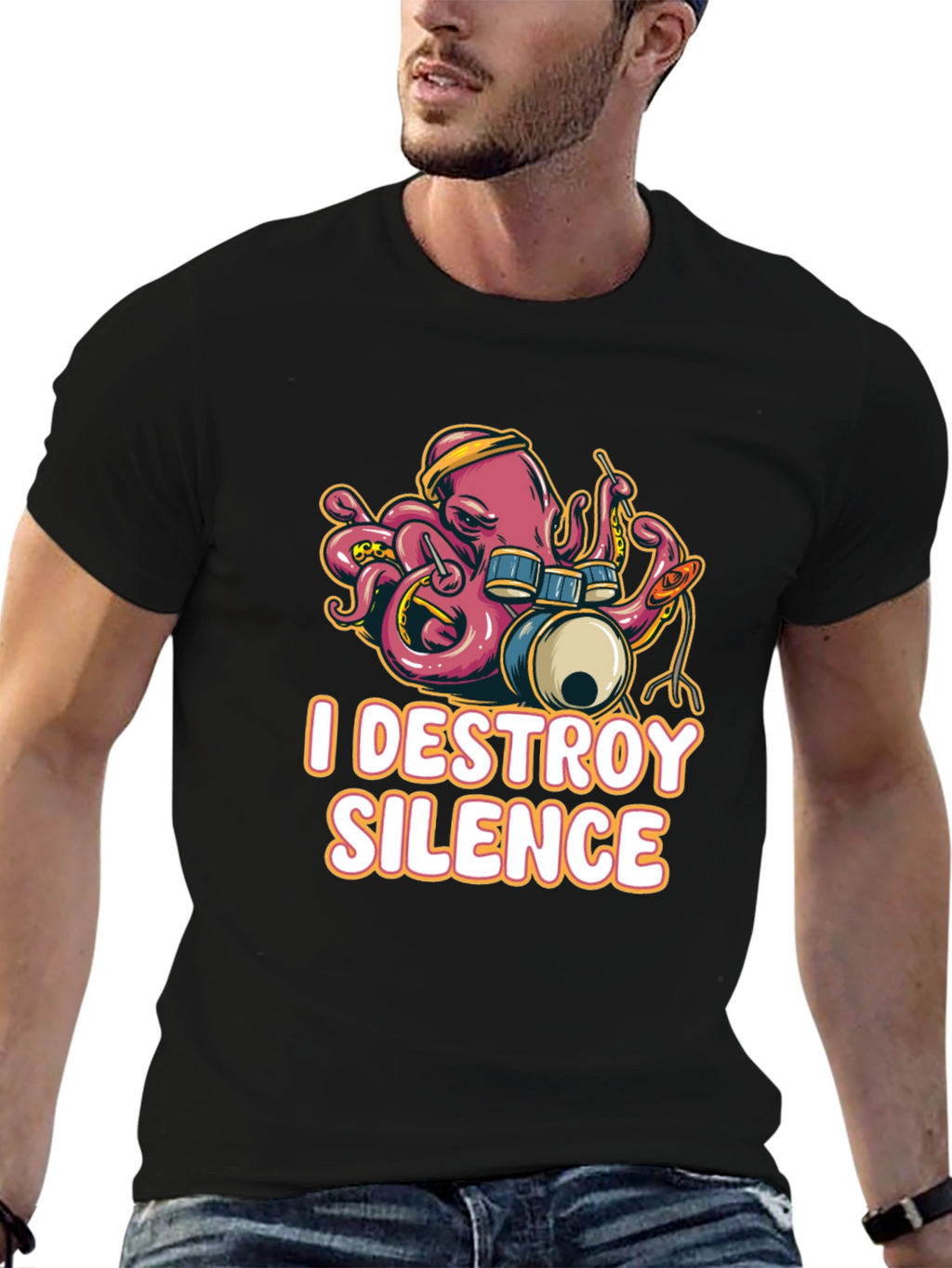 I Destroy Silence Octopus Drummer Black T-shirt