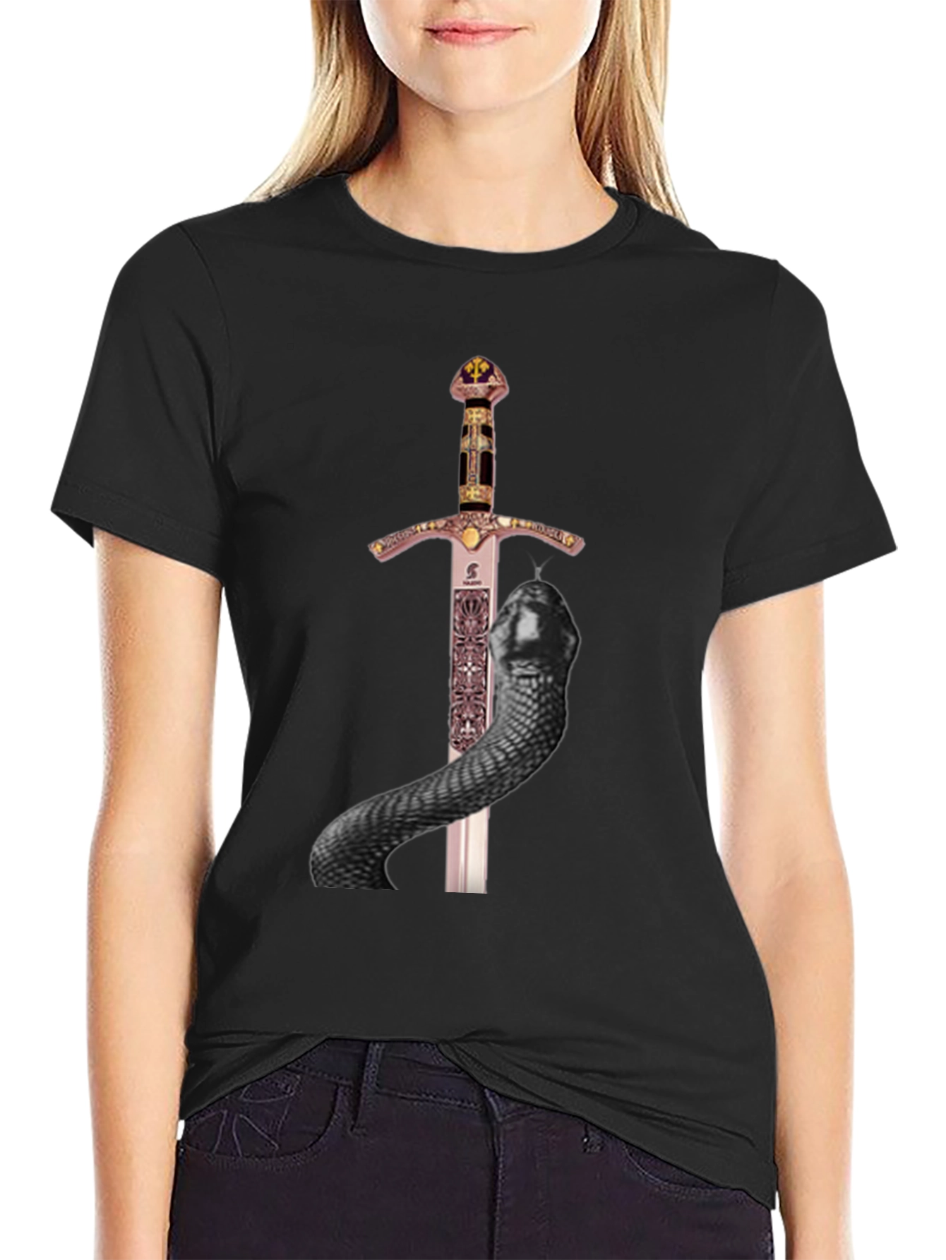 Sword & Snake Graphic Tee - Black Cotton T-Shirt