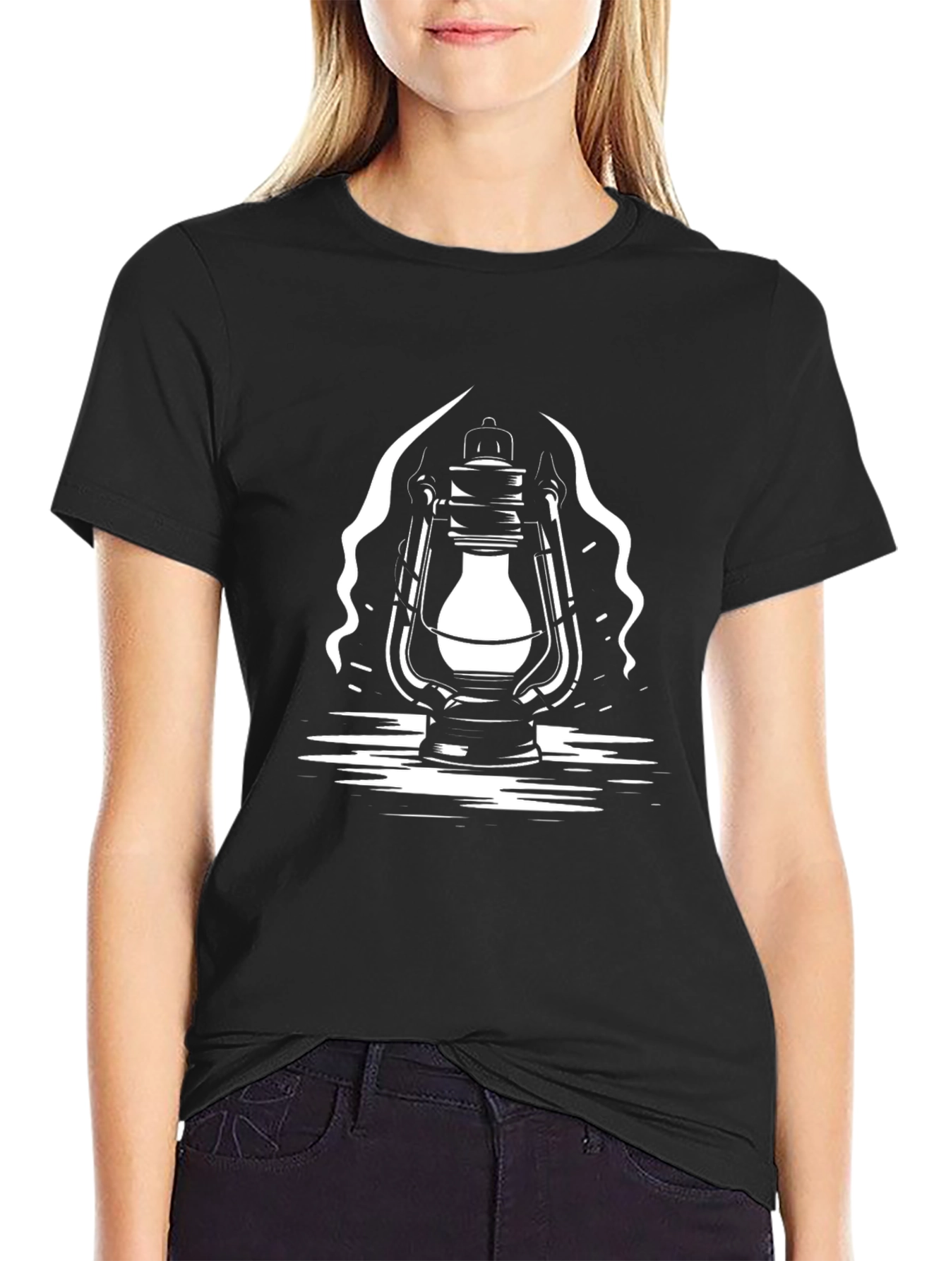 Vintage Lantern Graphic Tee - Classic Black Cotton Blend