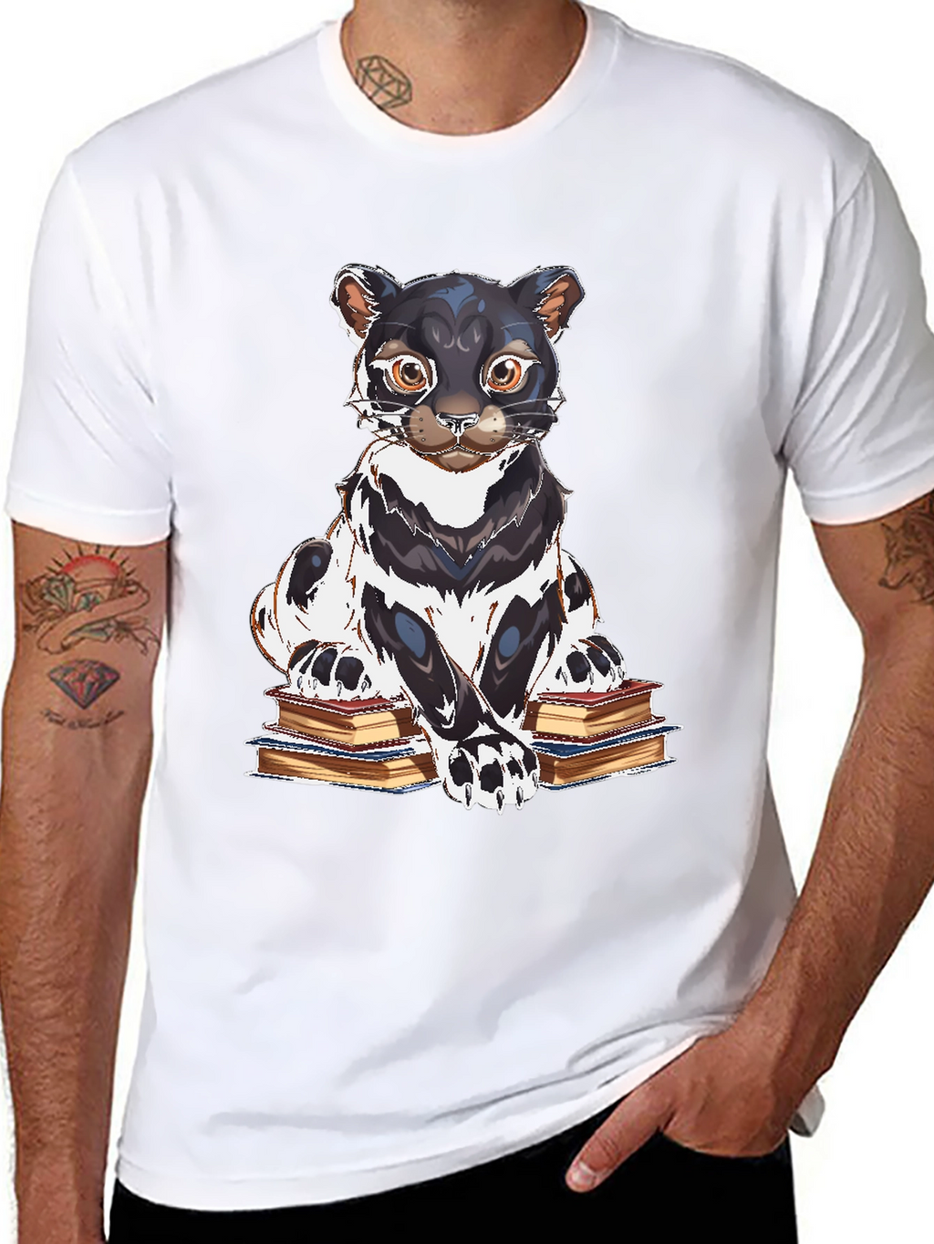Bookish Cat Graphic Tee - Black Cotton T-Shirt