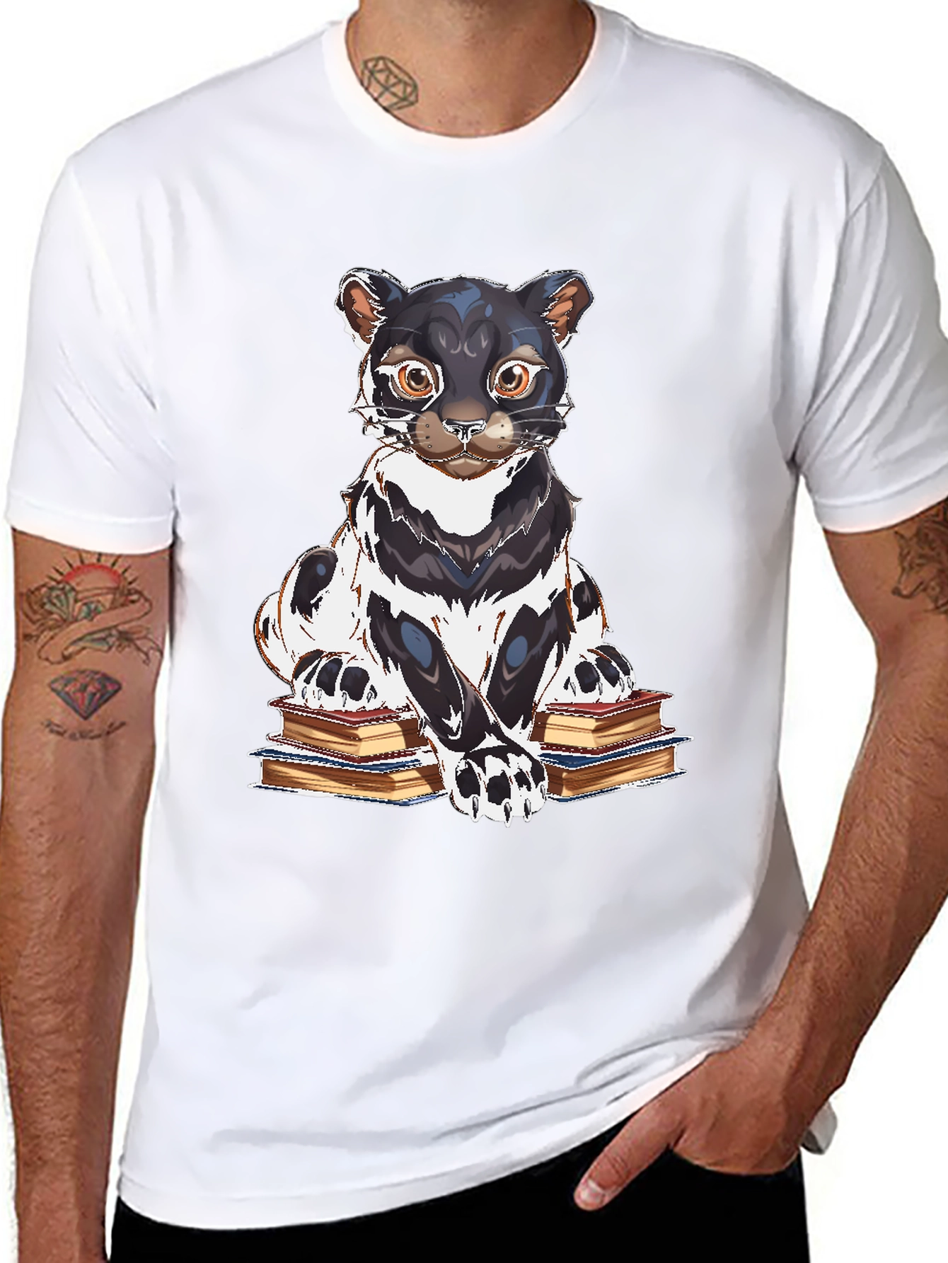 Bookish Cat Graphic Tee - Black Cotton T-Shirt