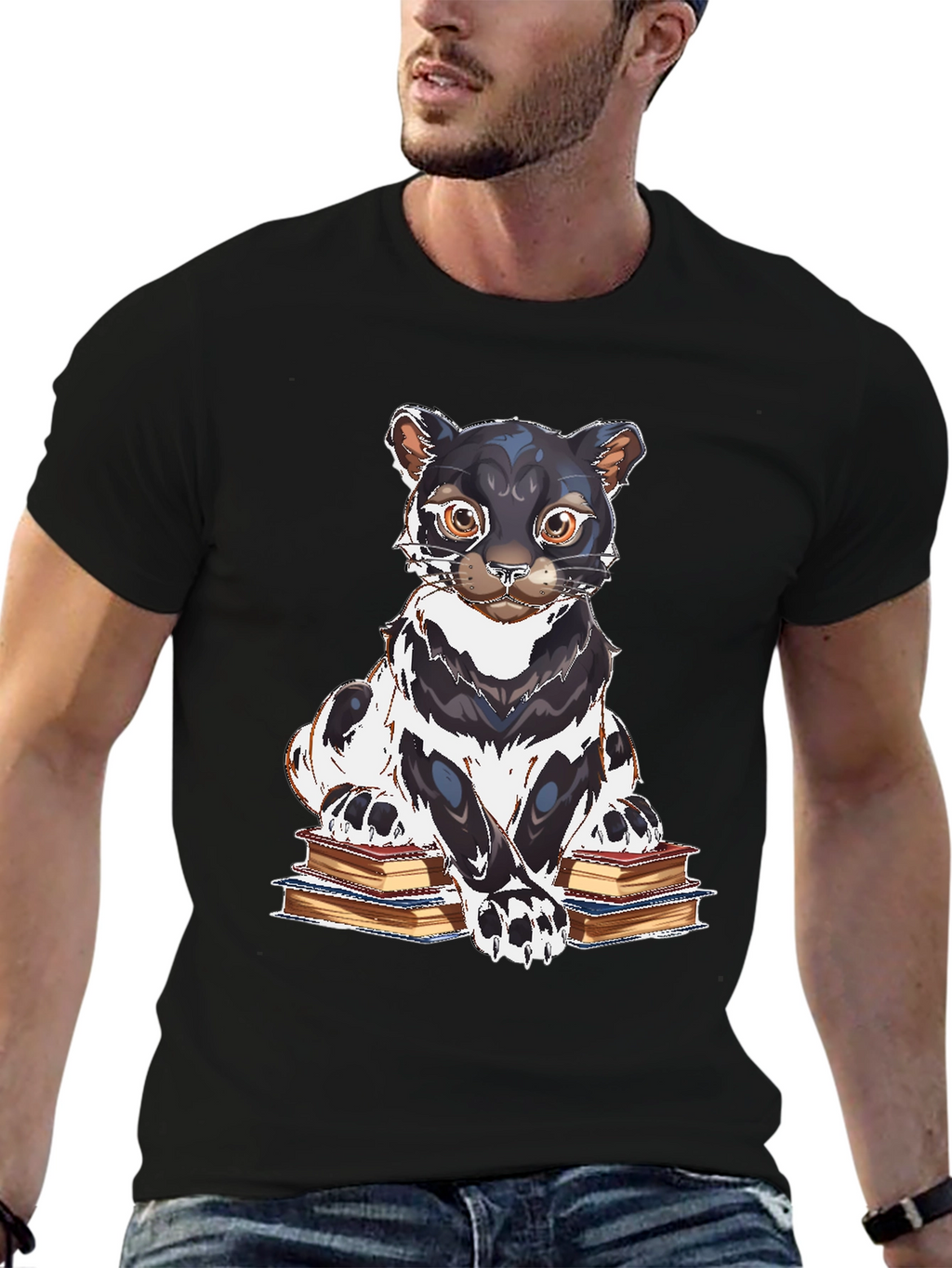 Bookish Cat Graphic Tee - Black Cotton T-Shirt