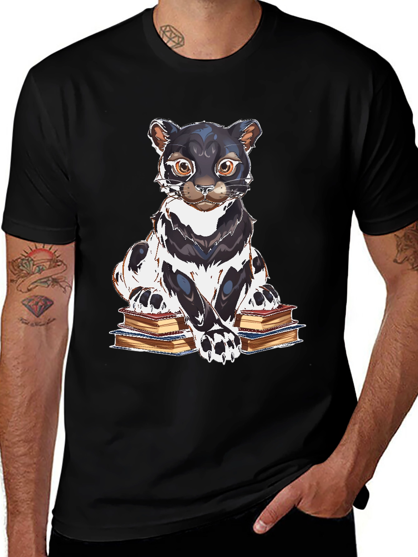 Bookish Cat Graphic Tee - Black Cotton T-Shirt