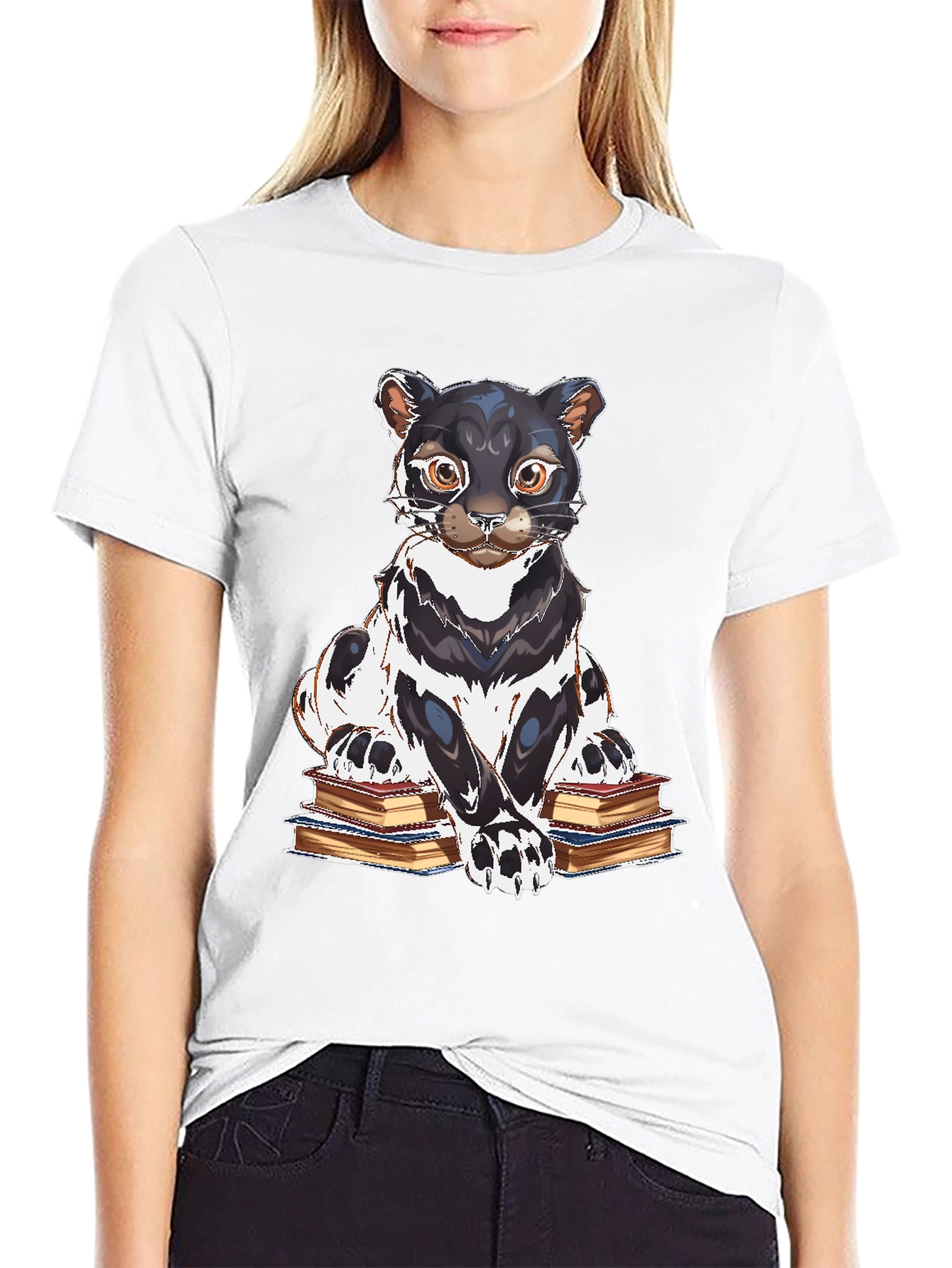 Bookish Cat Graphic Tee - Black Cotton T-Shirt